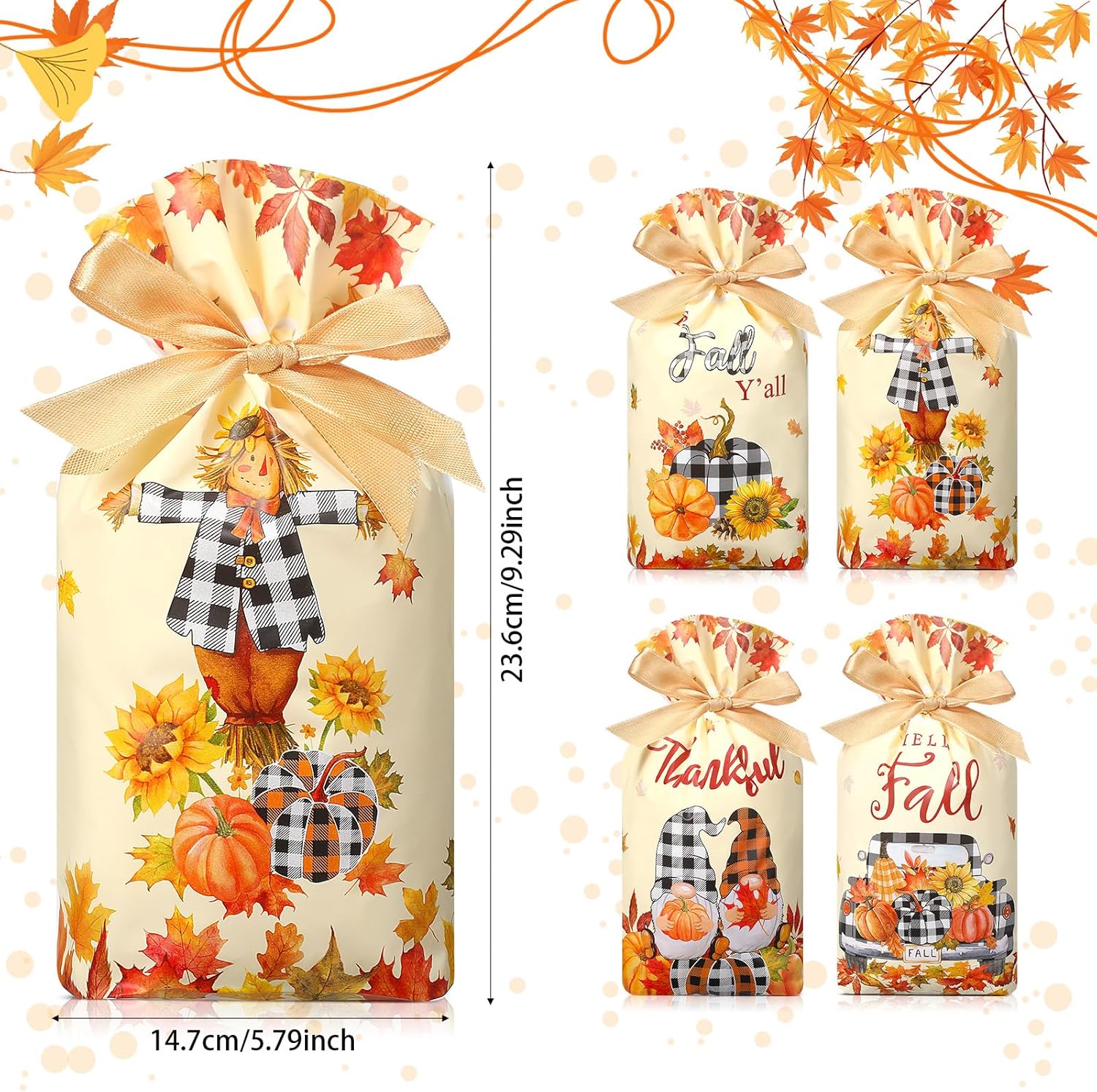 Qeeenar 60 bolsas de plástico de otoño con cordón, pequeñas bolsas de regalo de otoño a granel, hojas de arce y calabaza, bolsas de plástico para