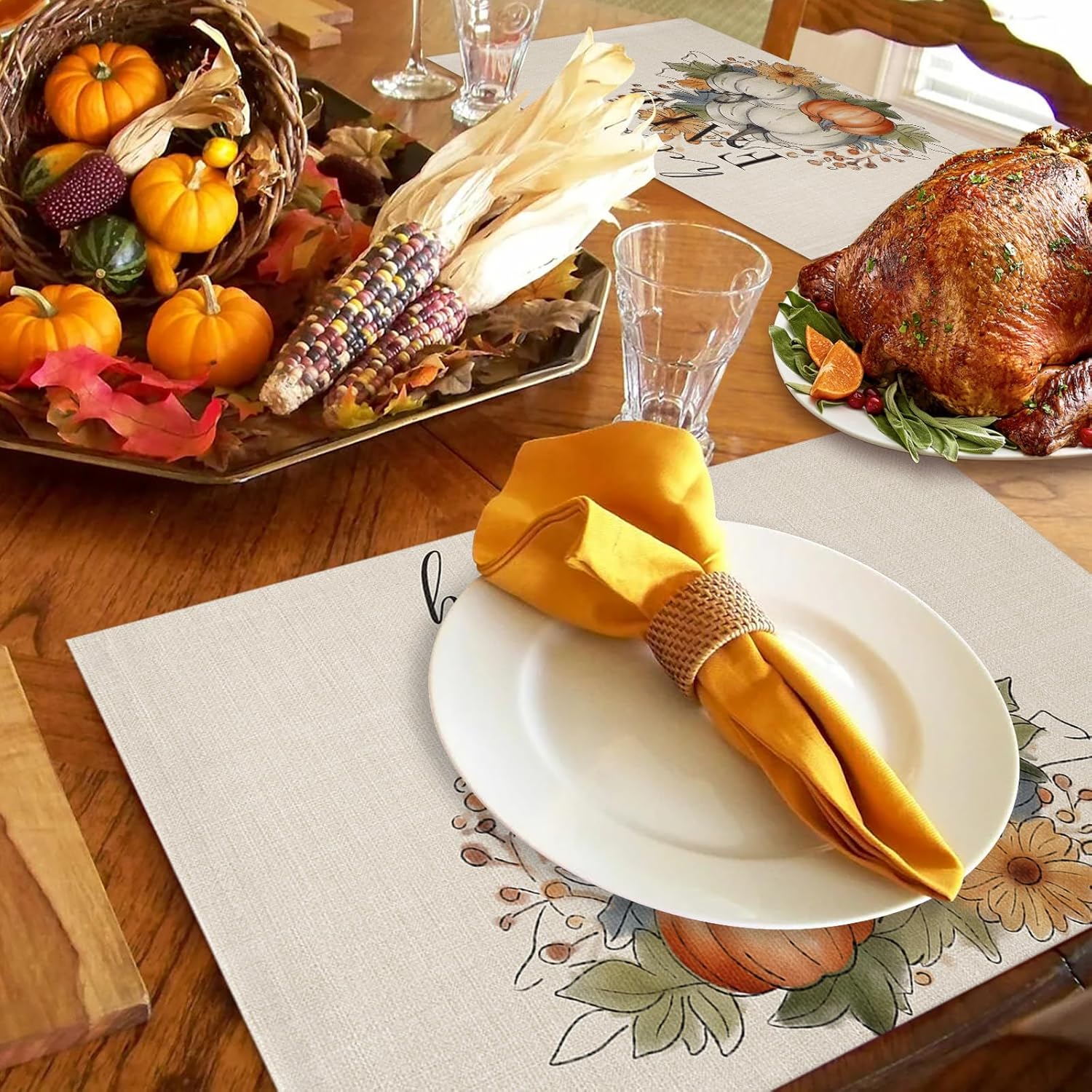 Manteles individuales para mesa de comedor, juego de 4 manteles individuales para otoño, Acción de Gracias, calabaza, flor y girasol, manteles para