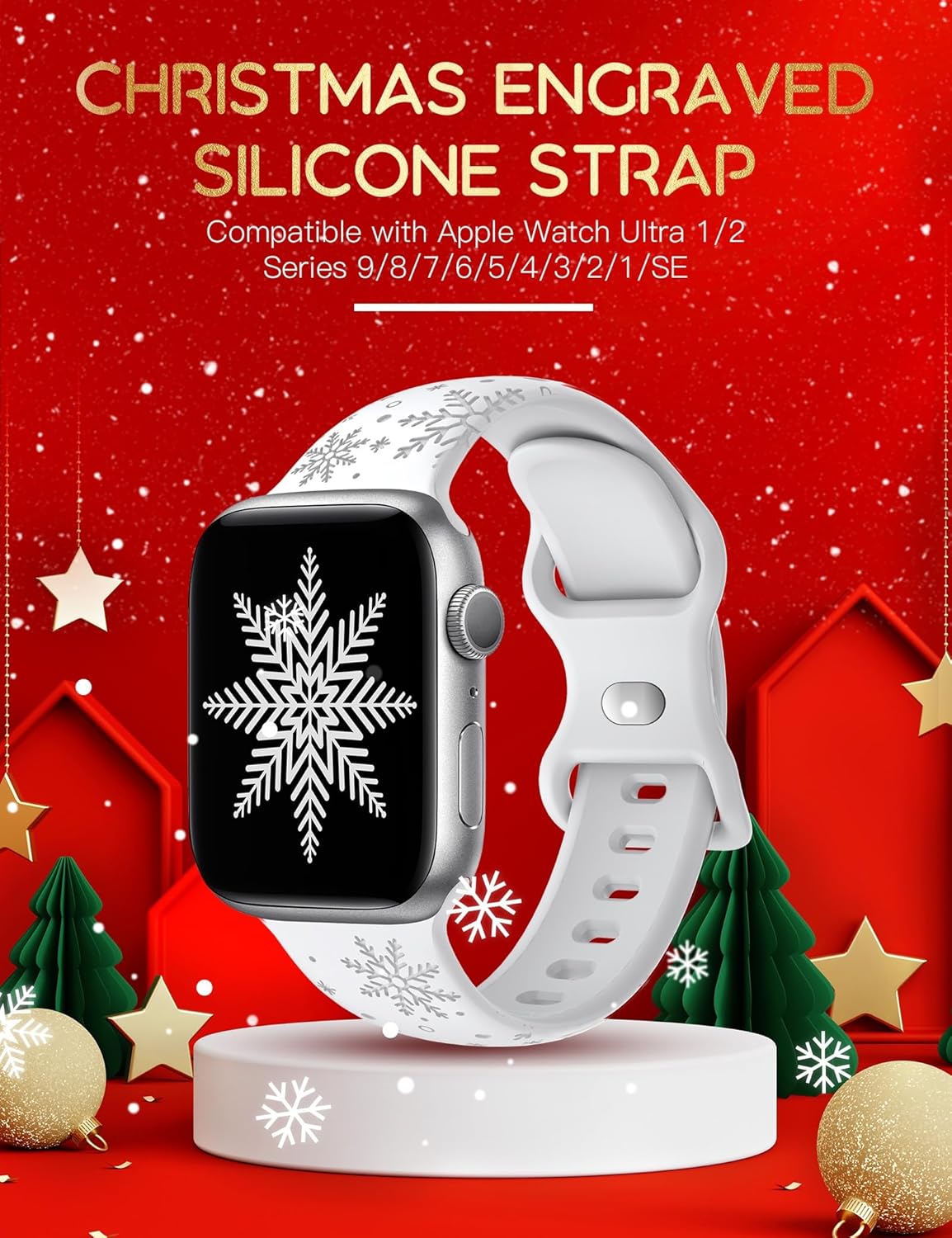 Correa grabada de copos de nieve de Navidad compatible con Apple Watch Series 9, 8, 7, 6, 5, 4, 3, 2, 1, SE 4244451.929 in (UltraUltra 2), correa de