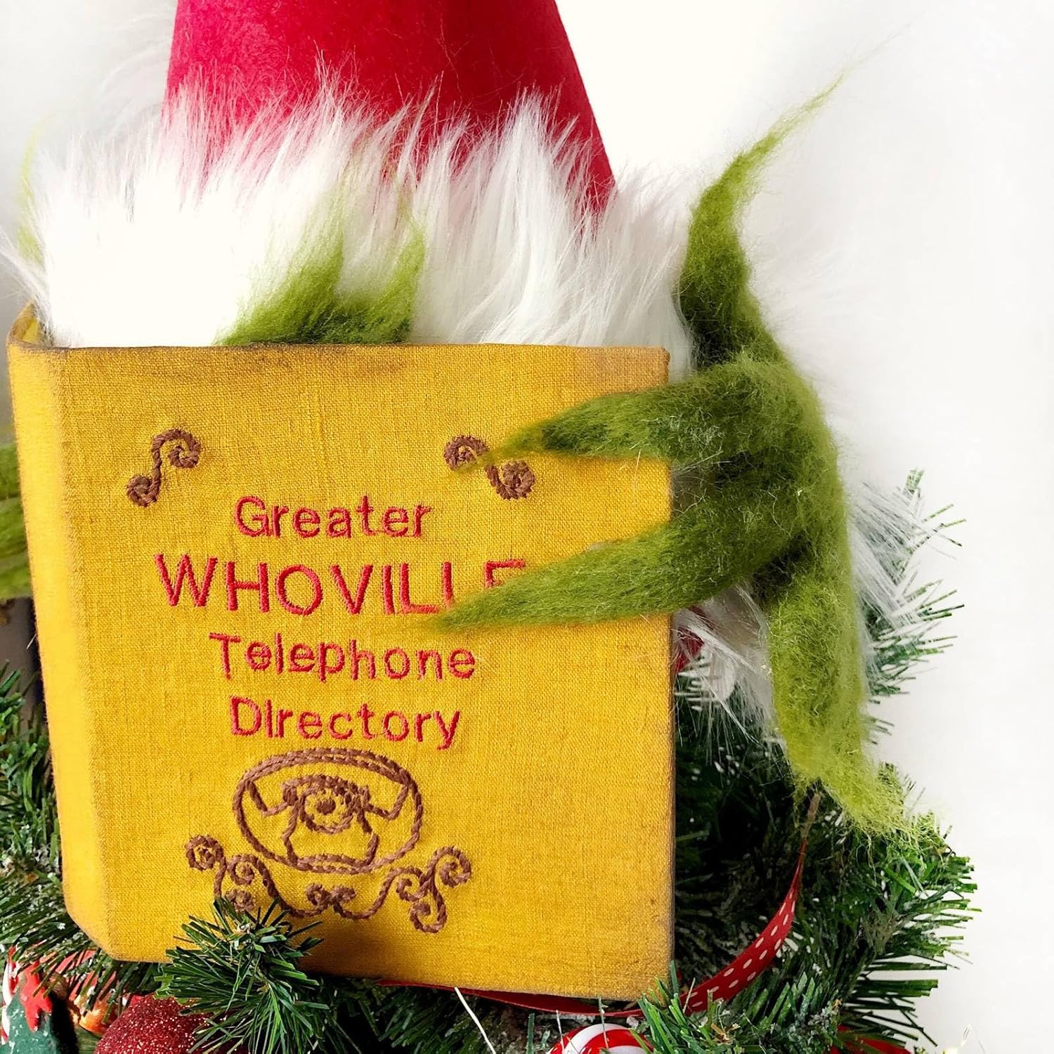 Sombrero creativo para decoración del árbol de Navidad, divertido monstruo verde escondido detrás del libro, tapa del árbol, adorno clásico de
