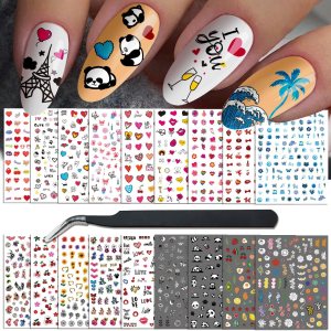 18 hojas de calcomanías para arte de uñas, calcomanías para mujeres y niñas pequeñas, diseño de panda, colorido, caricatura, fuego, sol, flor, 18 hojas de calcomanías para arte de uñas, calcomanías para mujeres y niñas pequeñas, diseño de panda, colorido, caricatura, fuego, sol, flor,
