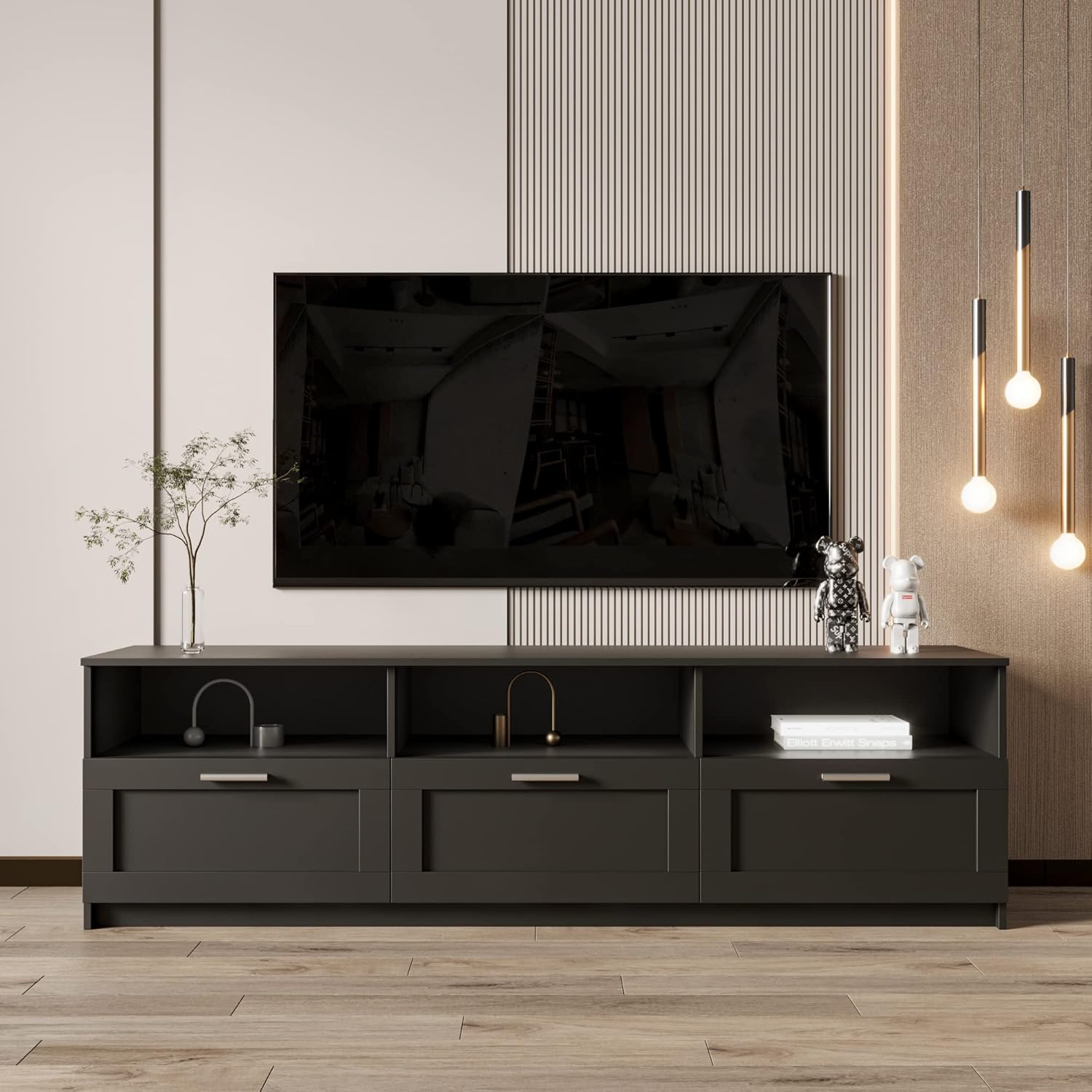 LETESA Moderno soporte de TV minimalista de madera, centro de entretenimiento con consola multimedia con cajones y estantes abiertos, mueble de TV
