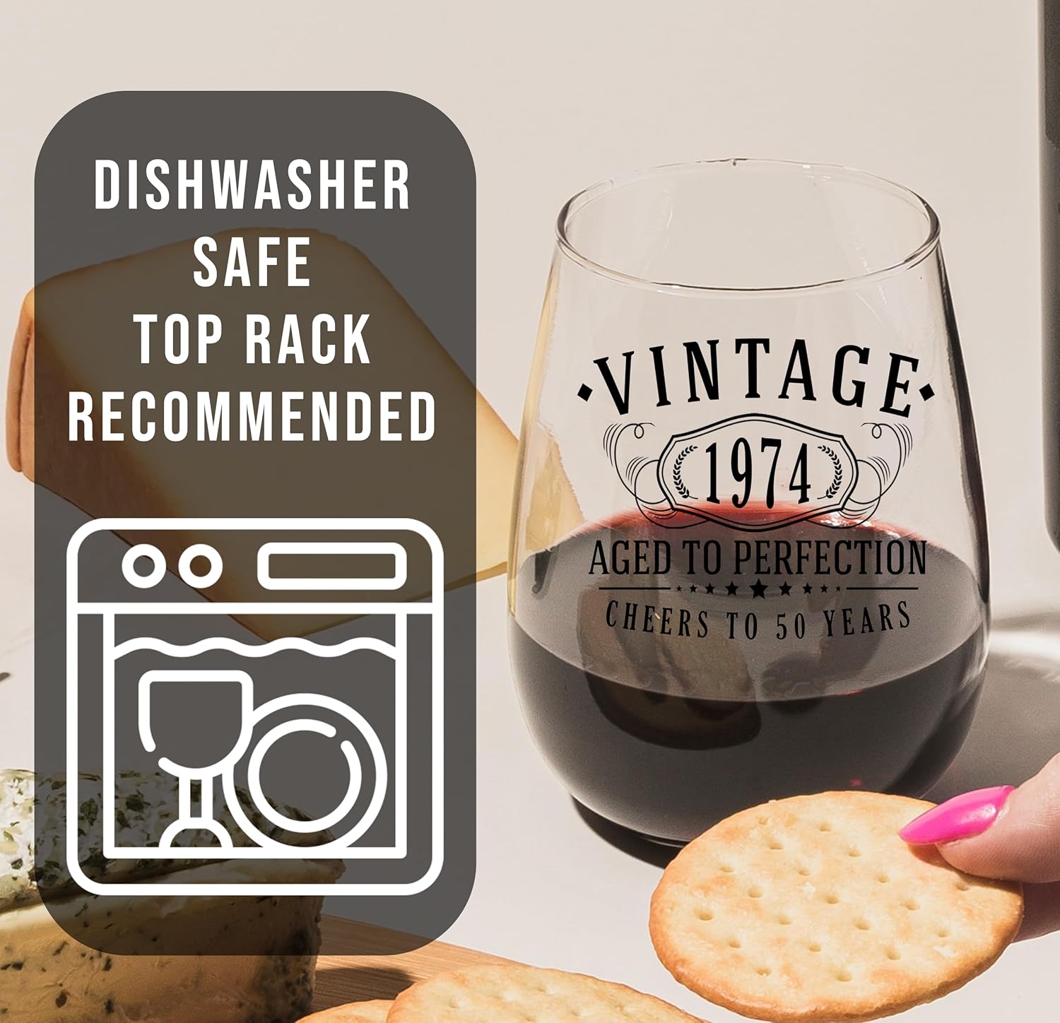 Copa de vino sin tallo vintage de 1974 con estampado negro de 17 onzas, regalo de feliz cumpleaños 50 para mujeres y hombres, saludos a 50 años,