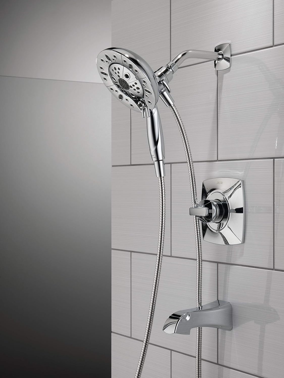 Delta Faucet Vesna 144789-I – Kit de molduras de ducha de un solo mango con cabezal de ducha de mano doble H2Okinetic In2ition de 5 pulverizaciones