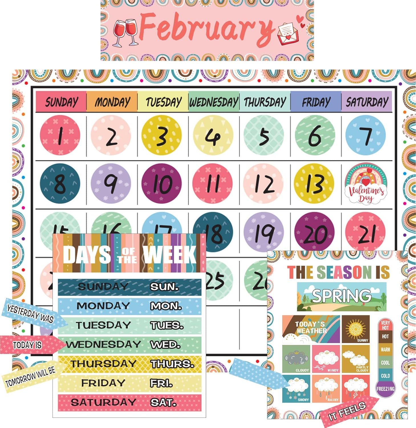 Juego de tablones de anuncios con calendario de arcoíris bohemio, calendario de estaciones, tabla de anuncios CTP y decoración de aula con