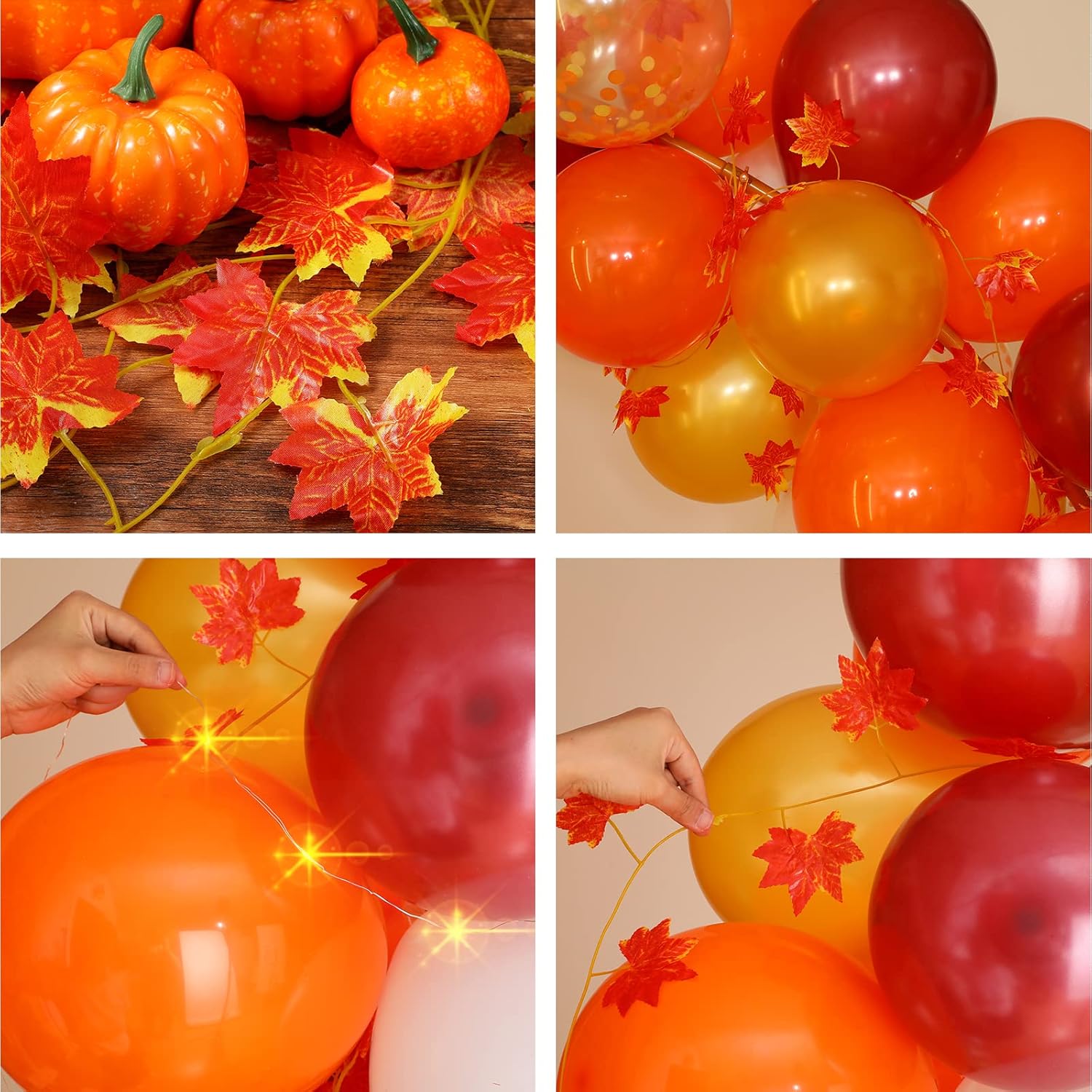 Kit de guirnalda de globos de agradecimiento con luces LED, hojas de arce, vid de otoño, naranja, granate, para Acción de Gracias, otoño, calabaza,