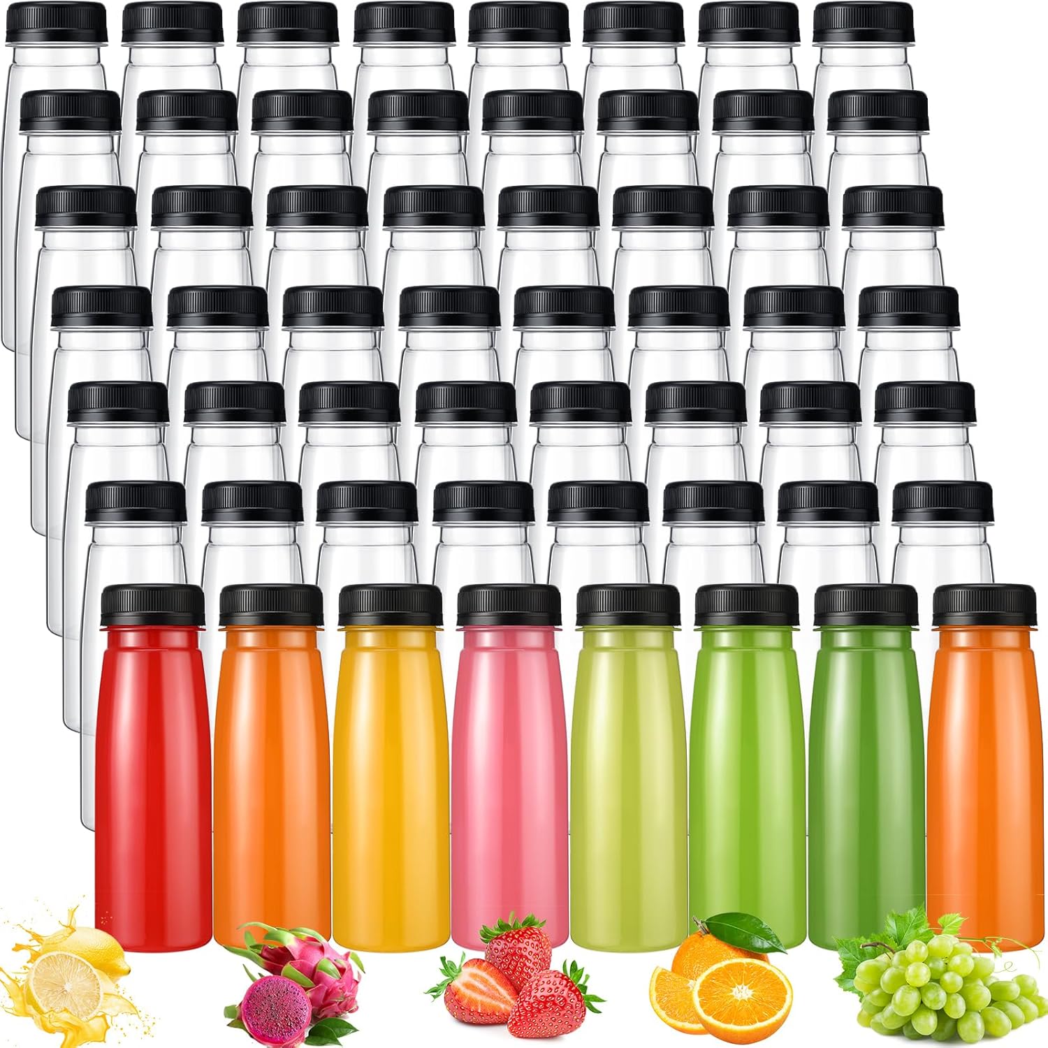 Tanlade 100 botellas de plástico para jugos con tapas, recipientes transparentes reutilizables para bebidas, botellas vacías para jugos caseros,