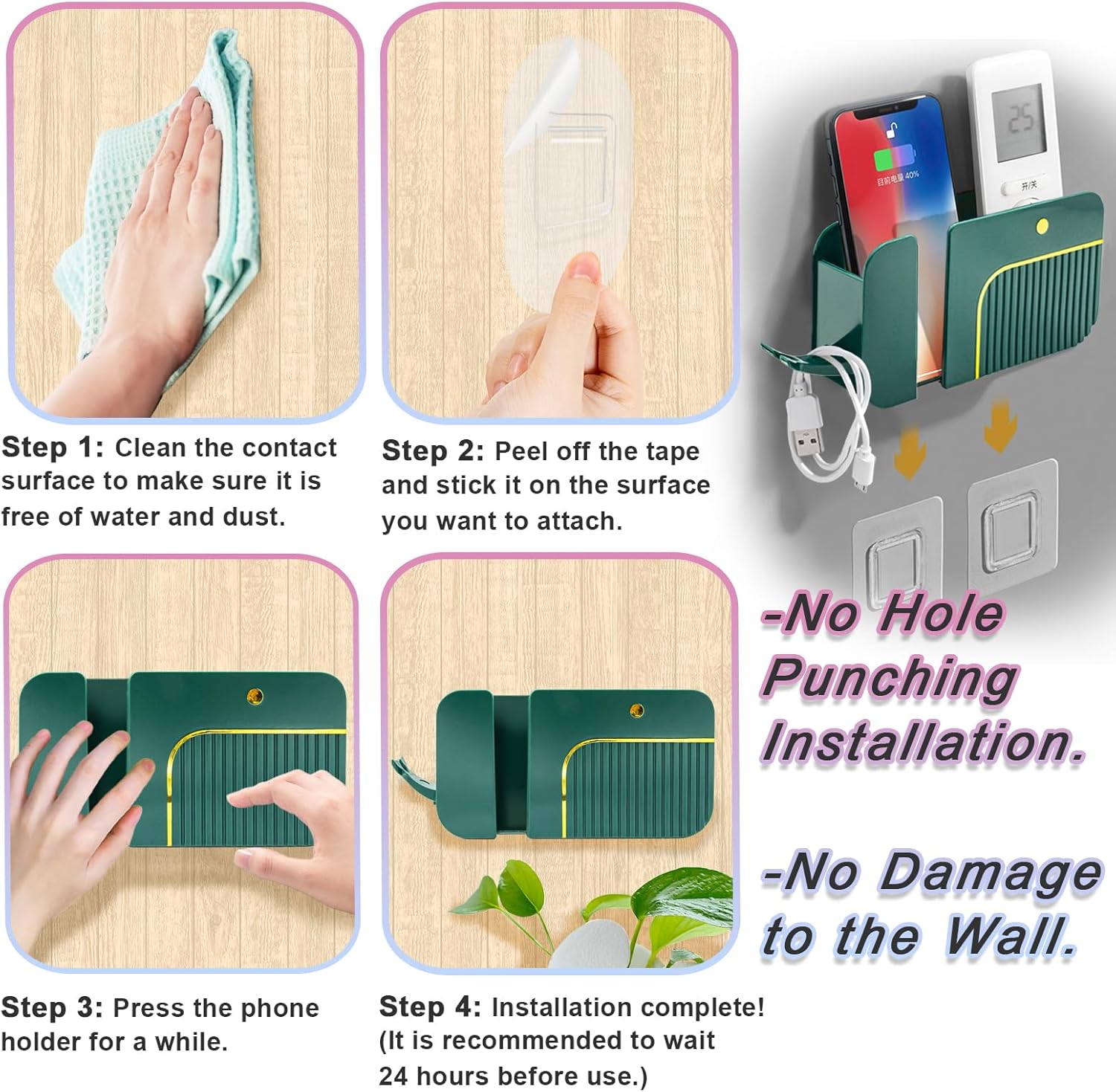 Soporte de pared para teléfono, soporte adhesivo para control remoto, soporte de carga de teléfono montado en la pared, soporte remoto para mesita