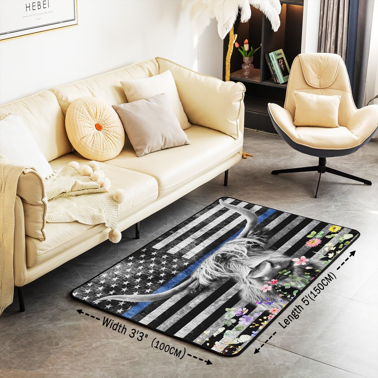 Highland – Alfombra decorativa de vaca de 5 x 7 pulgadas, diseño de bandera estadounidense, para niños y niñas, diseño floral, para sala de estar,