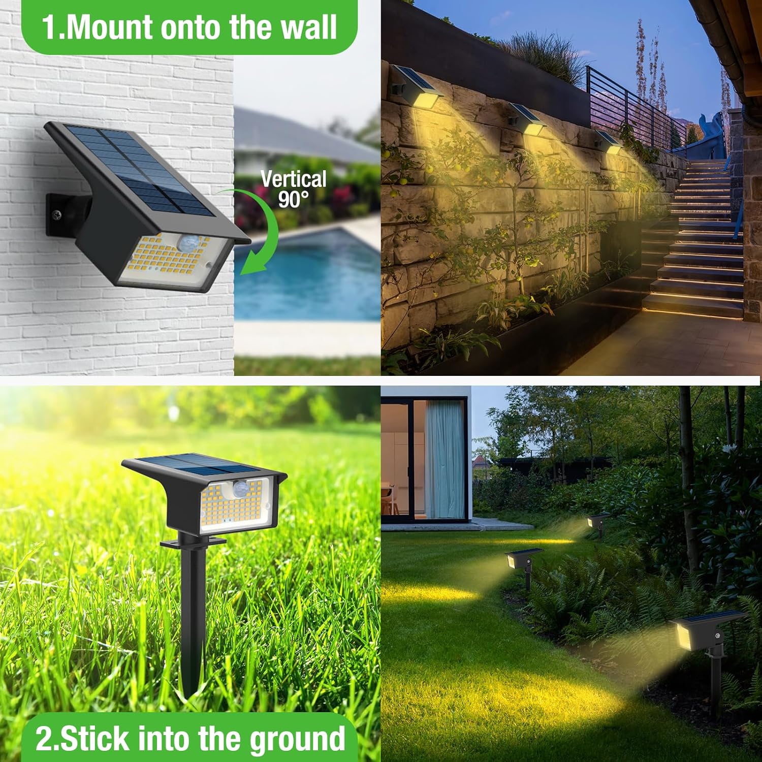 nipify Focos solares con sensor de movimiento para exteriores, 6 unidades62 LED3 modos de sensor de movimiento, luces para exteriores, focos solares
