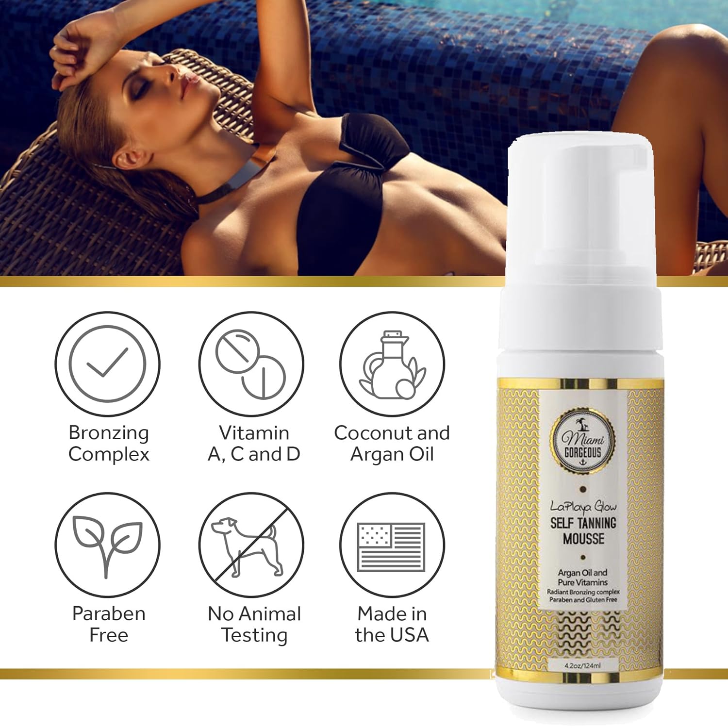 Mus autobronceadora Miami Gorgeous Mousse instantáneo para broncear la piel sin sulfato sin gluten el mejor autobronceante natural - Imagen 3