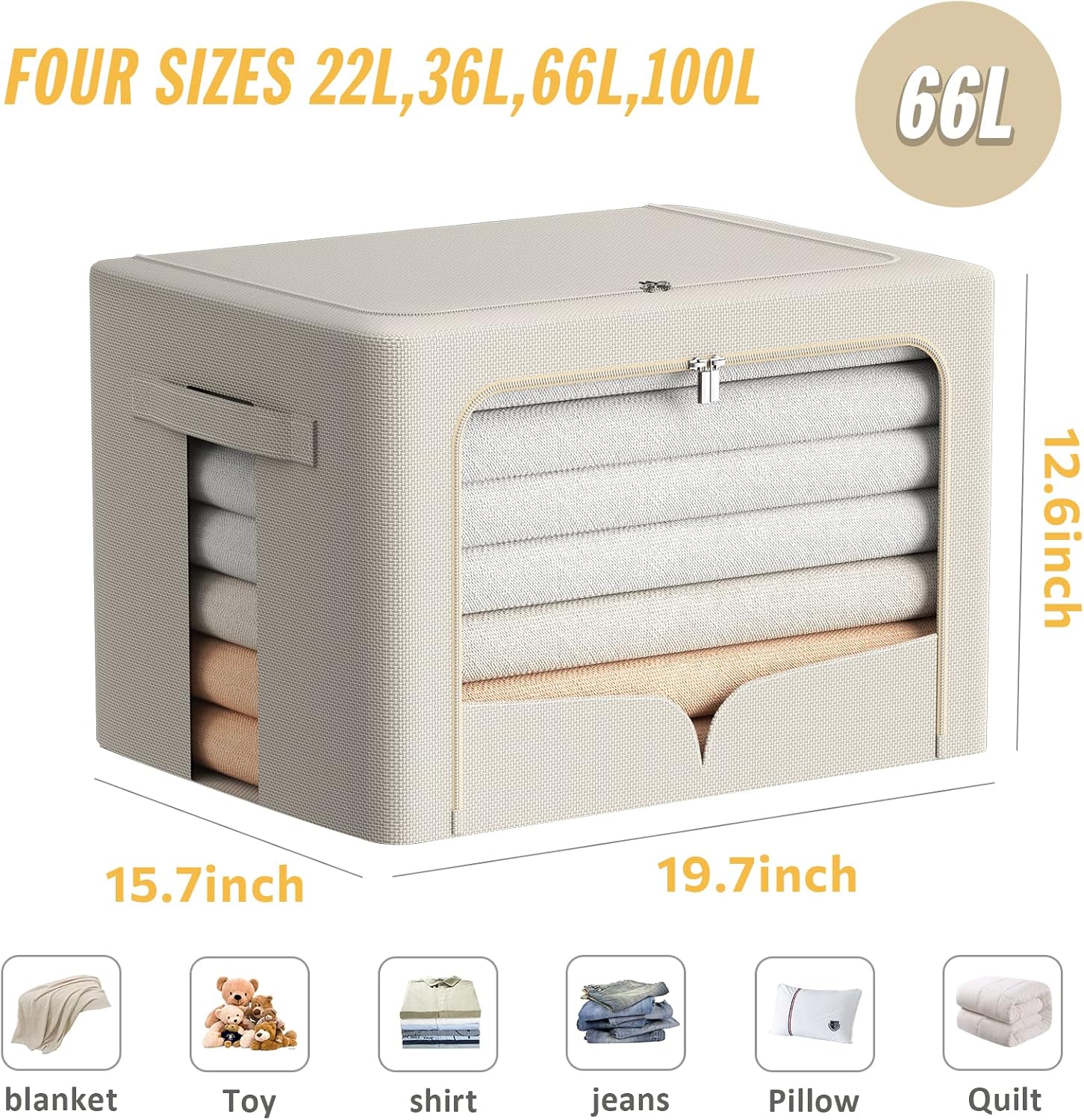 3 contenedores de almacenamiento de ropa con marco de metal, contenedores plegables de tela con tapa, cremalleras de ventana transparentes y asas