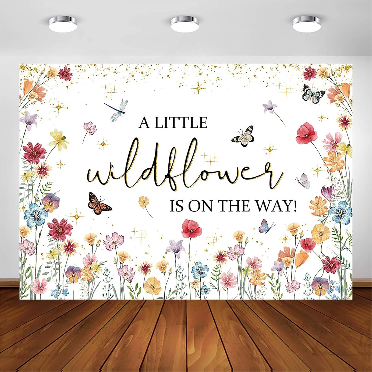 Avezano Decoraciones de flores silvestres para baby shower con texto en inglés “A Little Wildflower is On The Way”, telón de fondo para baby shower