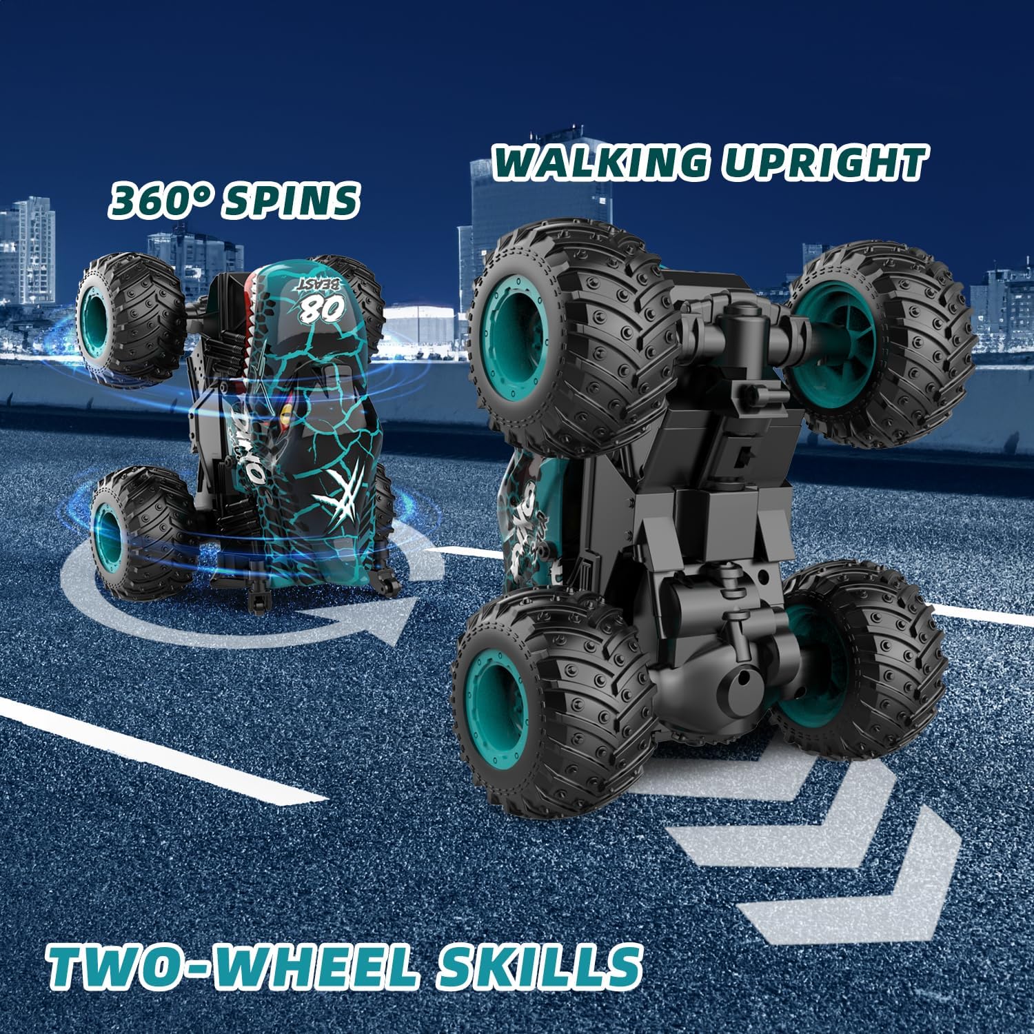 Monster Truck Toys, 2.4Ghz RC Monster Trucks para niños, 120 dinosaurio RC coches con luz y música, camión de control remoto con acrobacia, giro de
