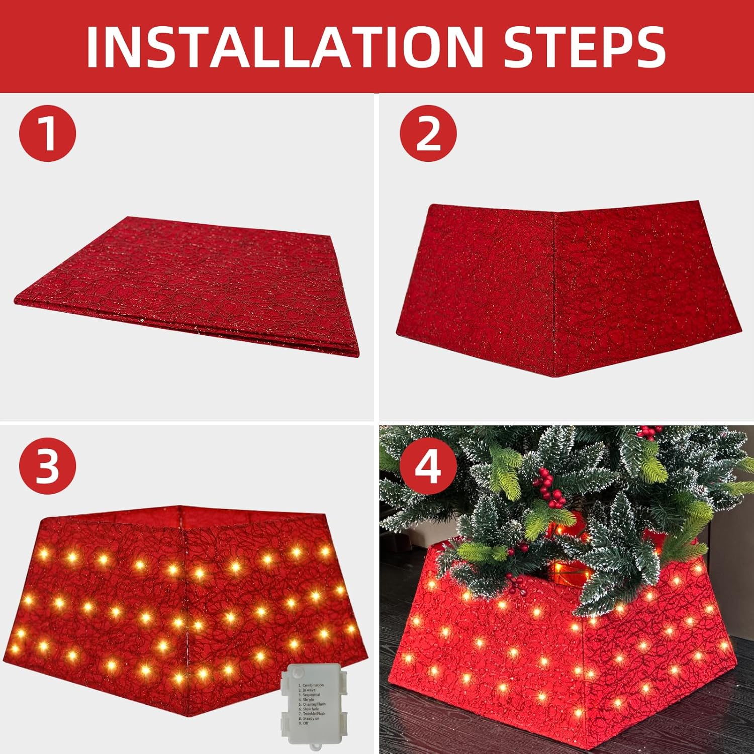 Anycosy Collar de árbol de Navidad con 70 luces LED, anillo de árbol de Navidad alimentado por batería con 8 modos y temporizador para fiesta de