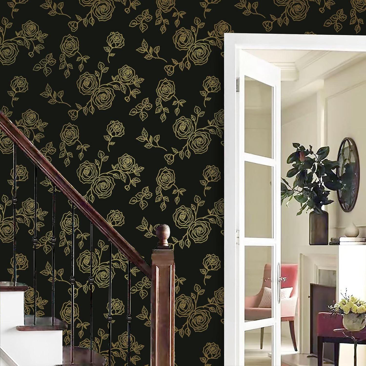 Yun-aeon Papel tapiz floral dorado y adhesivo de 17.3 x 300 pulgadas, papel de contacto moderno, geométrico, extraíble, autoadhesivo, para