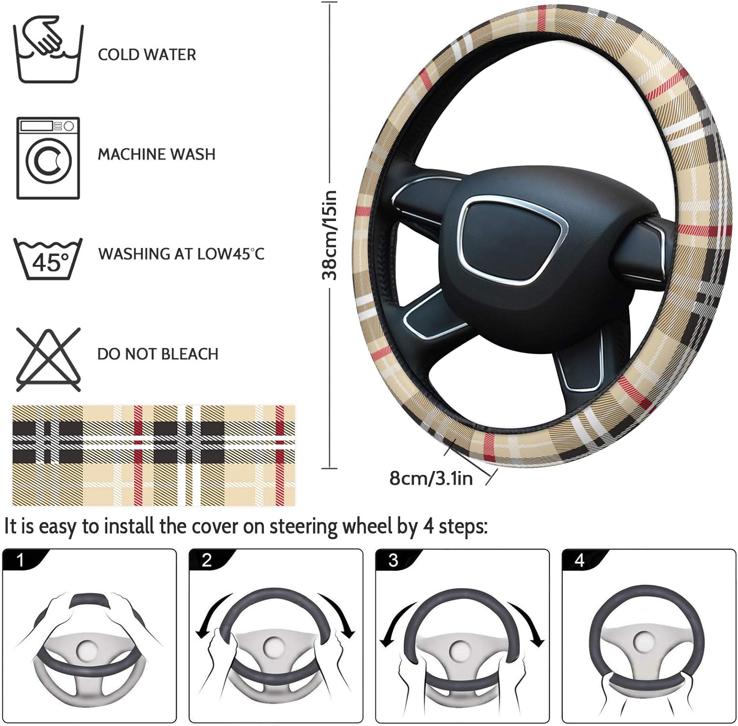 Funda protectora para volante de automóvil, diseño geométrico de rayas a cuadros, elástica, esponja, elástica, para vehículos, camiones, SUV,