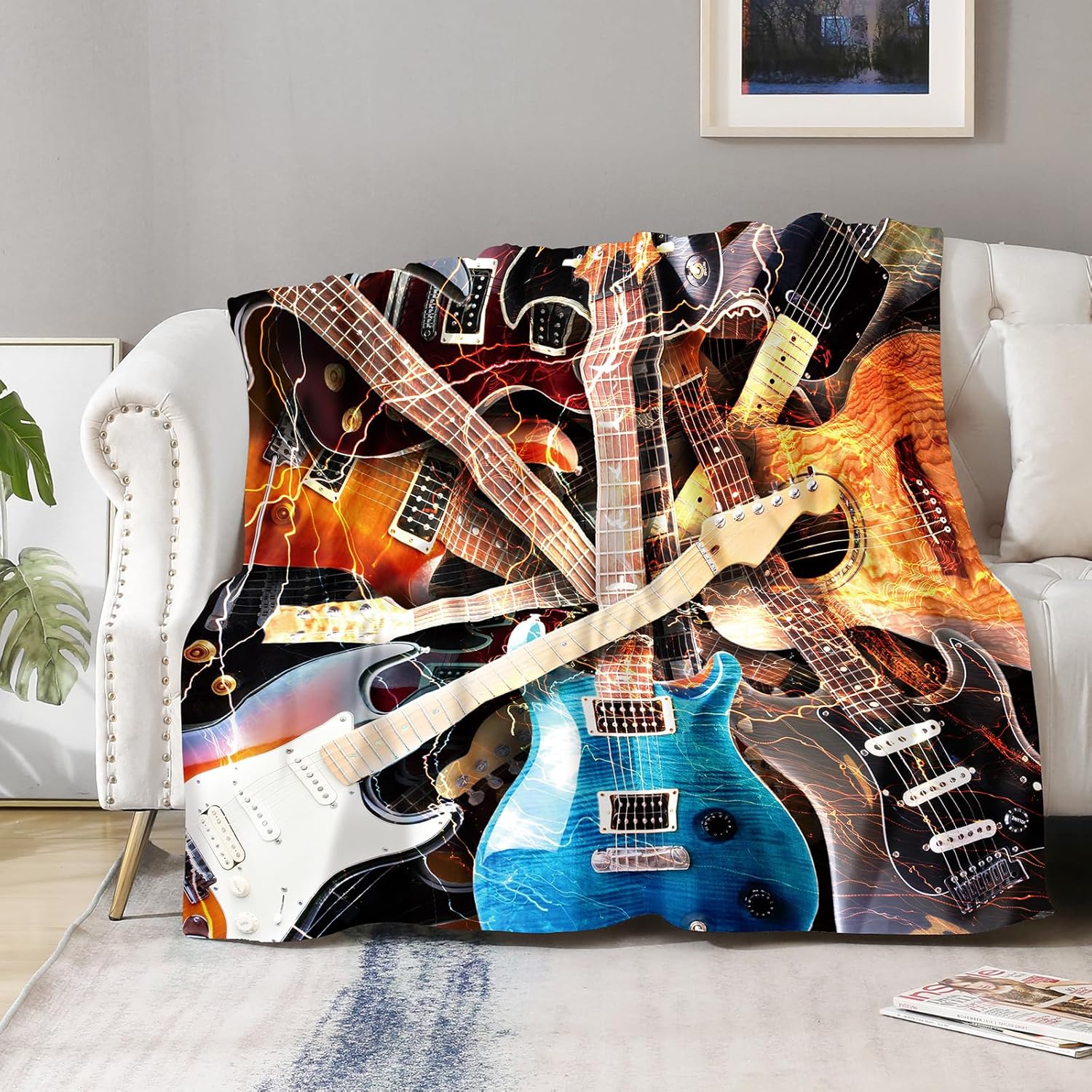Manta de guitarra musical, regalos  Manta temática de instrumentos musicales retro rock para entusiastas de la música, cantante, forro polar