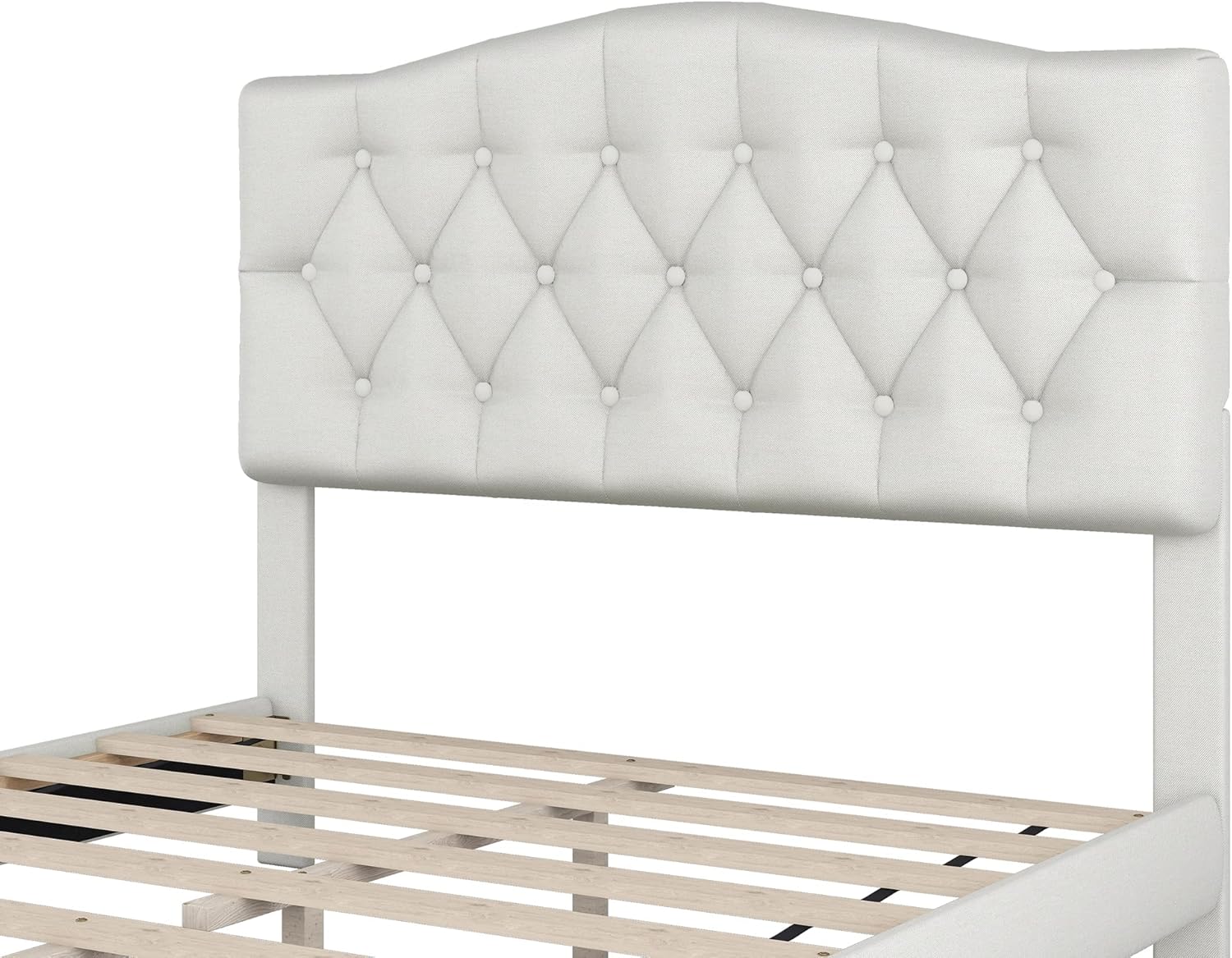 Cama de plataforma tapizada con cabecera curvada y detalles capitoné de diamante, soporte de listones de madera, no necesita somier, fácil montaje