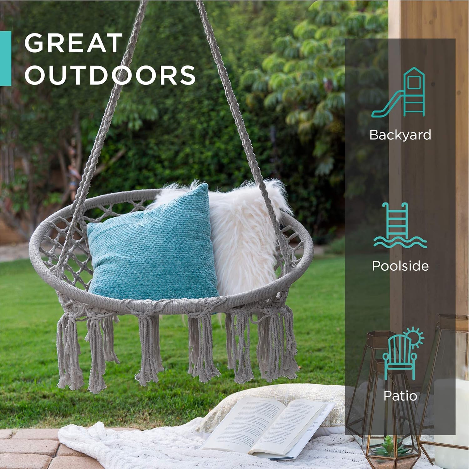 Best Choice Products Hamaca de macramé de algodón tejida a mano para uso en interiores y exteriores con respaldo, borlas de flecos, capacidad de 265