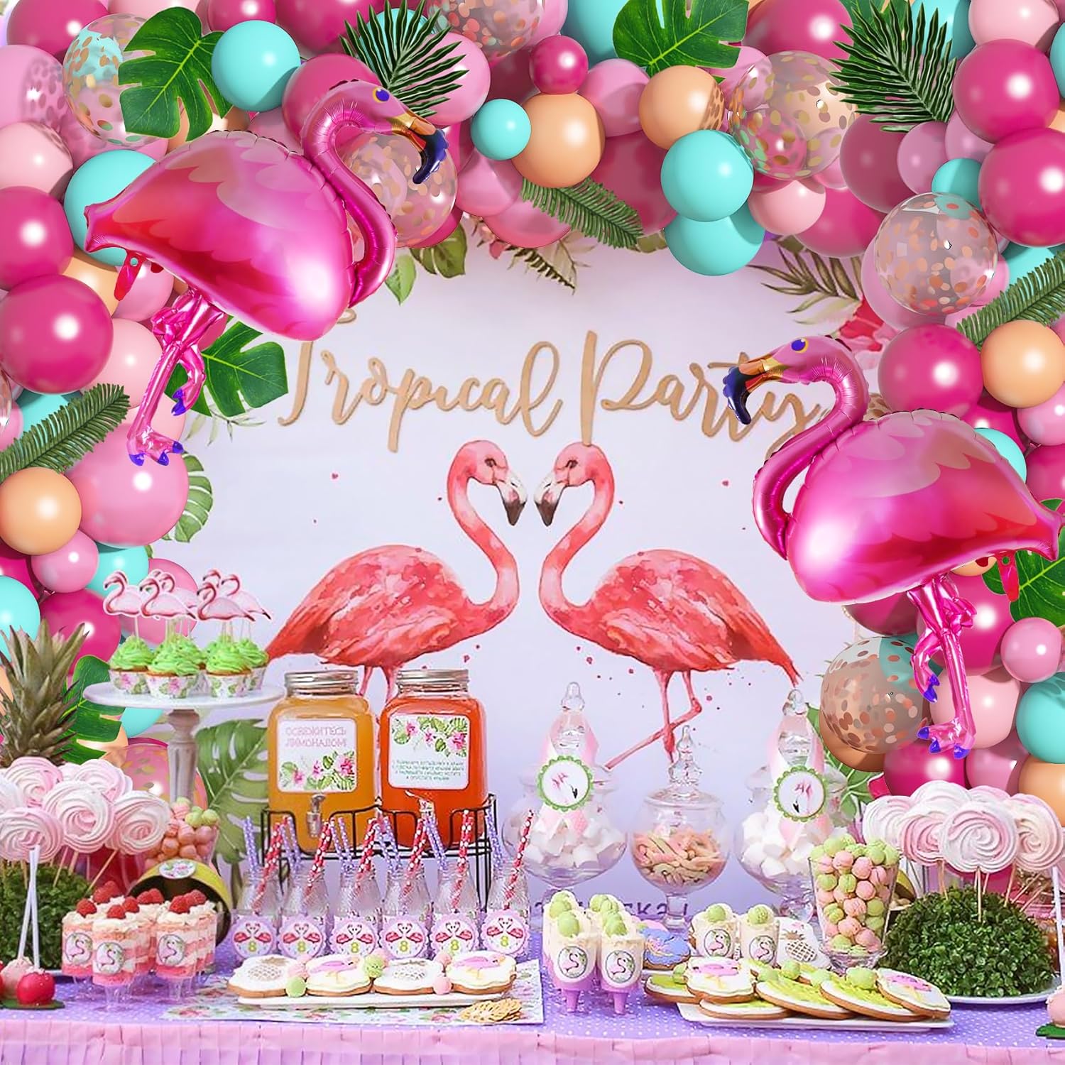 Kit de guirnalda de arco de globos de flamenco tropical de 40 pulgadas, globos de flamenco, globos de confeti rosa intenso, hojas de palma tropical,