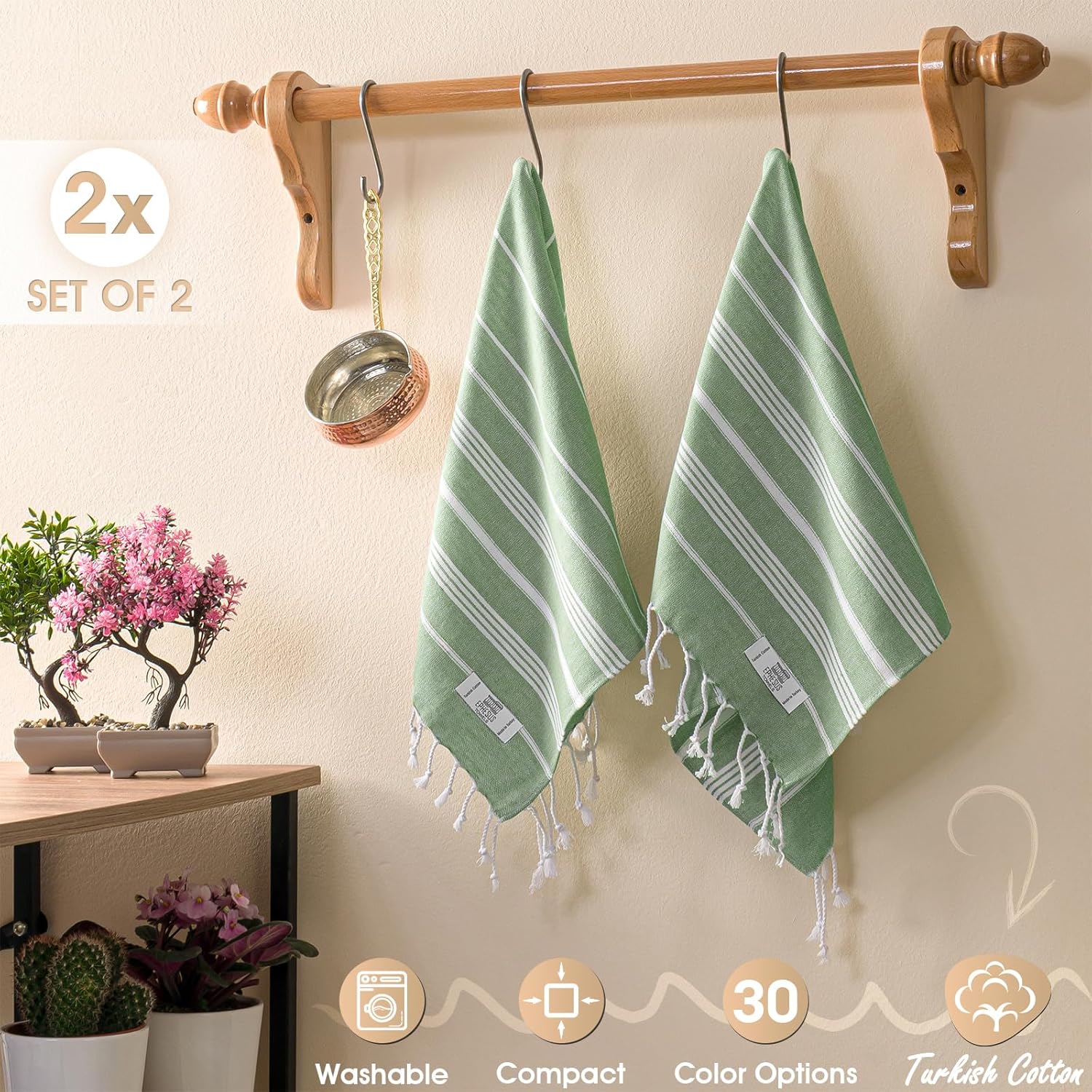 Juego de 2 toallas de mano, 18 x 40 pulgadas, algodón turco, toalla de mano decorativa turca para baño, cocina, invitados, cara, cabello, té, paño