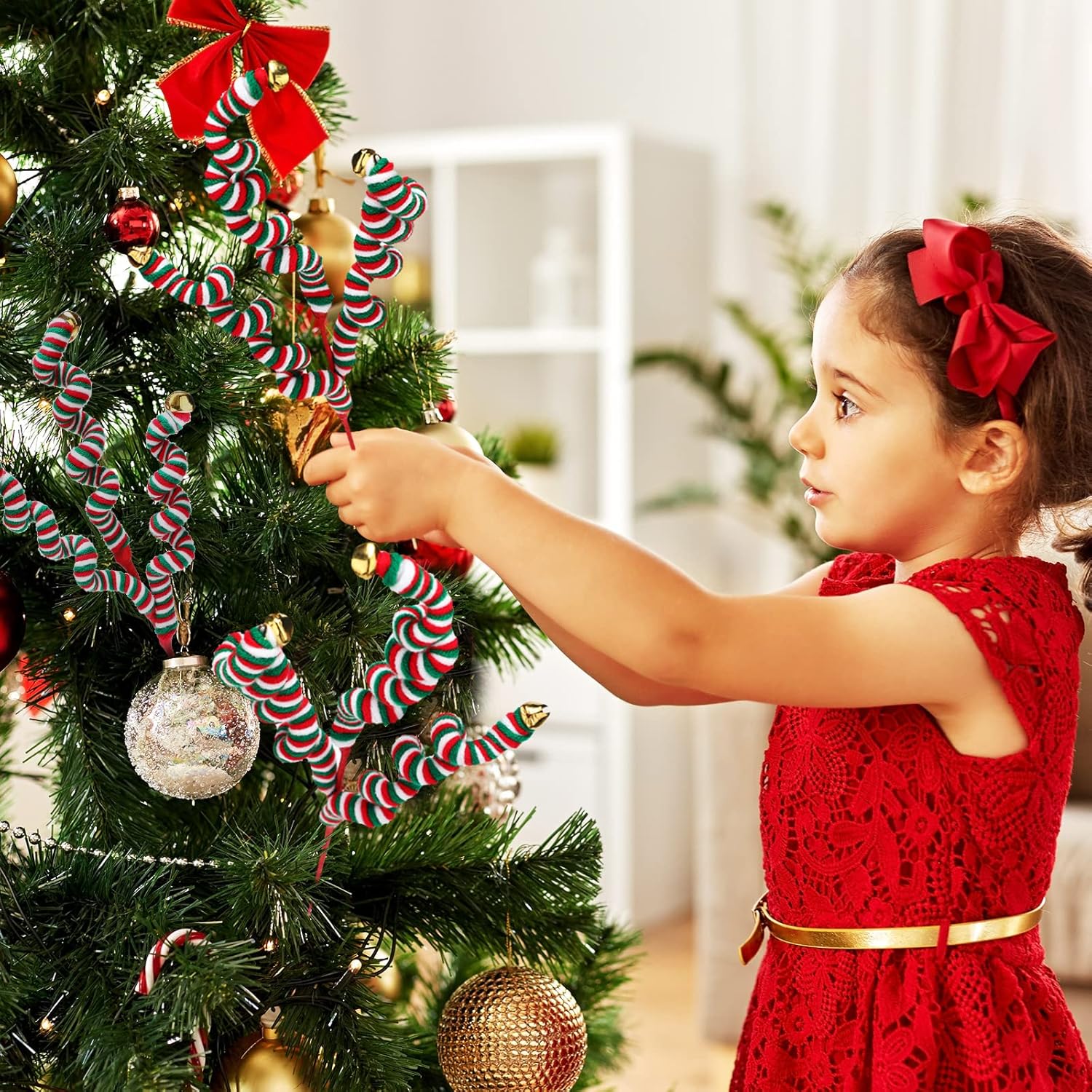 6 campanas de lana de Navidad, púas rizadas, verde, rojo, blanco, decoración de árbol de Navidad, ramas de Navidad con campanas, decoraciones