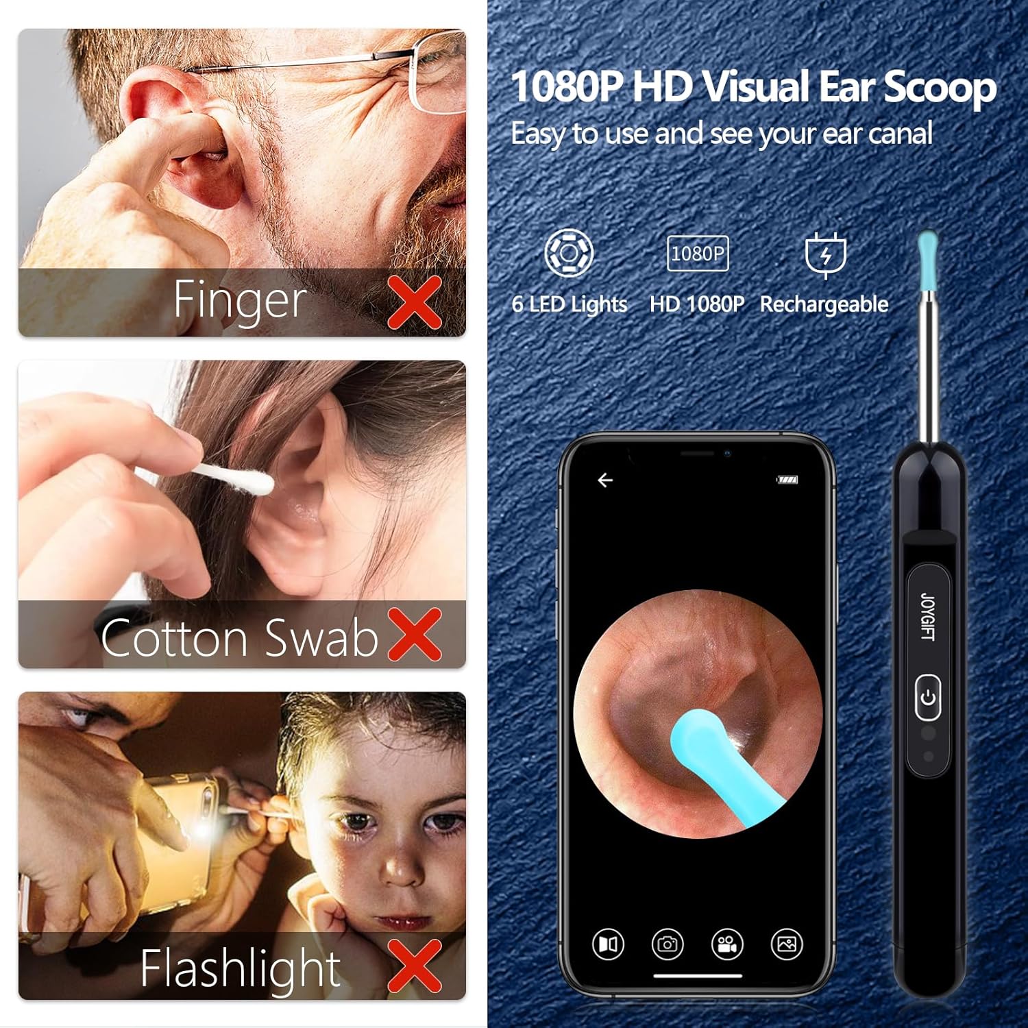 Joygift Cámara de eliminación de cera de oído, recientemente actualizado 1080P, con lente impermeable IP67, 6 luces LED, kit de cuidado de oídos de