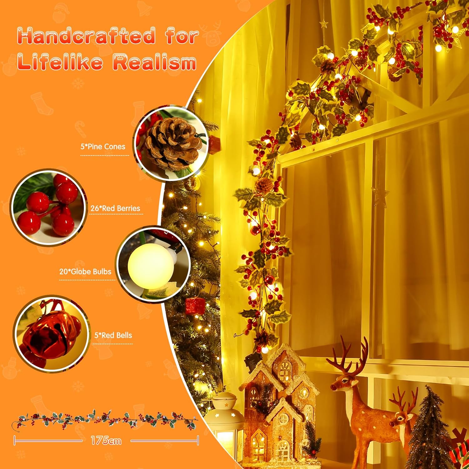 Marchpower Guirnalda de Navidad con luces, 5.7 pies, 20 luces LED, funciona con pilas, guirnalda iluminada de bayas rojas, decoraciones de Navidad