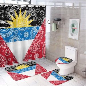 Juego de 4 cortinas de ducha con diseño de bandera de cachemira de Antigua y Barbuda, con alfombra antideslizante, cubierta suave para tapa de Juego de 4 cortinas de ducha con diseño de bandera de cachemira de Antigua y Barbuda, con alfombra antideslizante, cubierta suave para tapa de