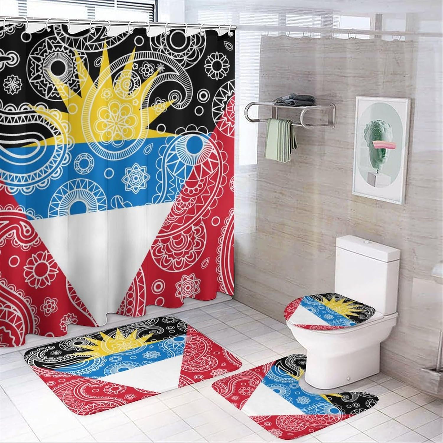 Juego de 4 cortinas de ducha con diseño de bandera de cachemira de Antigua y Barbuda, con alfombra antideslizante, cubierta suave para tapa de