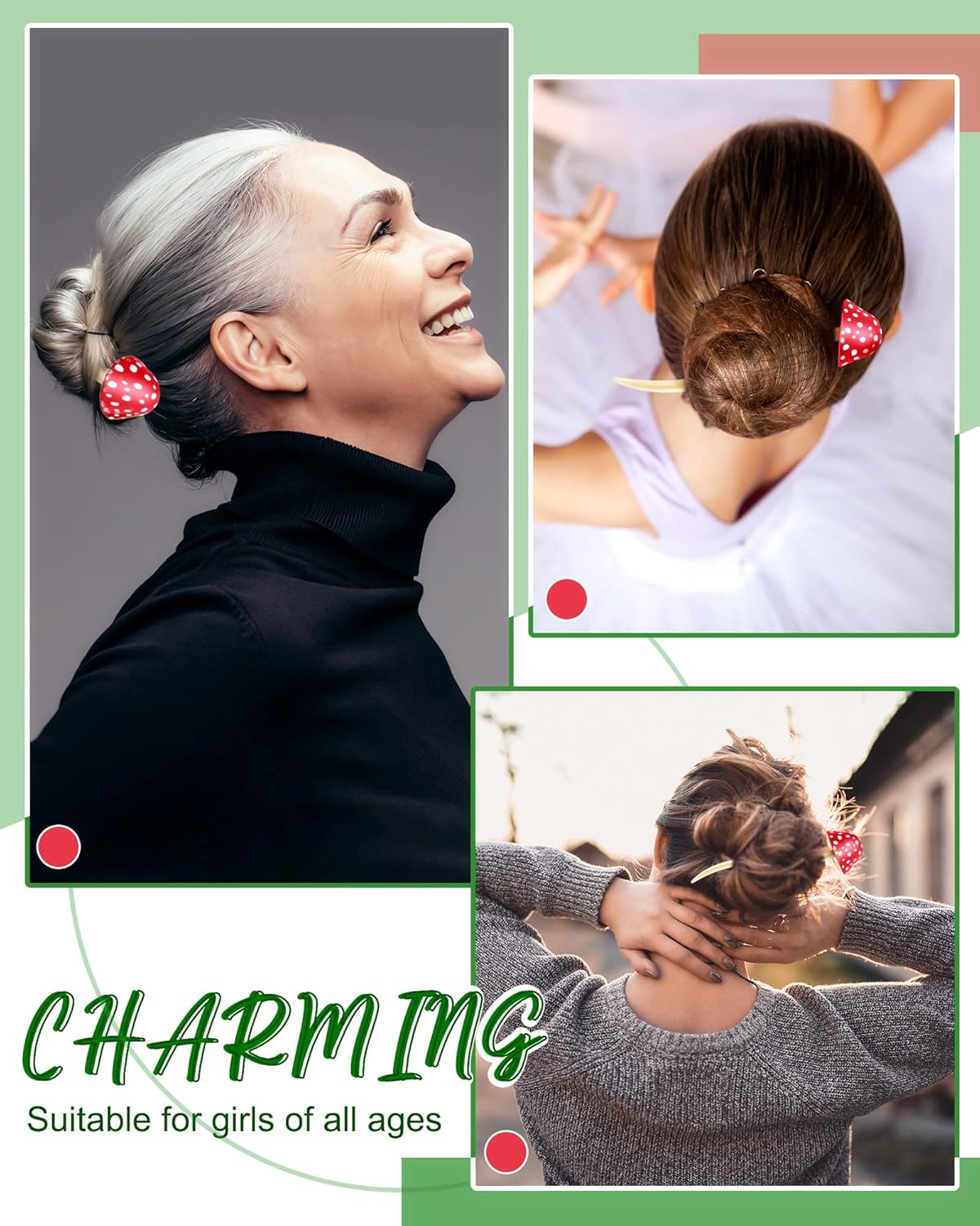 Taiyin 2 palillos de pelo de Navidad con forma de hongo para cabello largo, palillos chinos para mujeres y niñas, palillos para el cabello para