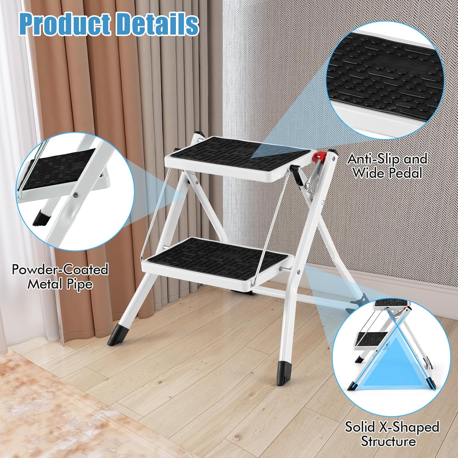 Safstar – Escalera plegable de 2 escalones, taburete ligero con pedal antideslizante, almohadillas y asa, marco de metal resistente, capacidad de