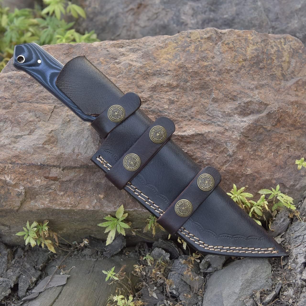 Grace Knives Cuchillo de caza hecho a mano Tanto Cuchillo de hoja fija de acero de Damasco de 10.5 pulgadas EDC con funda de cuero G-509 (micarta