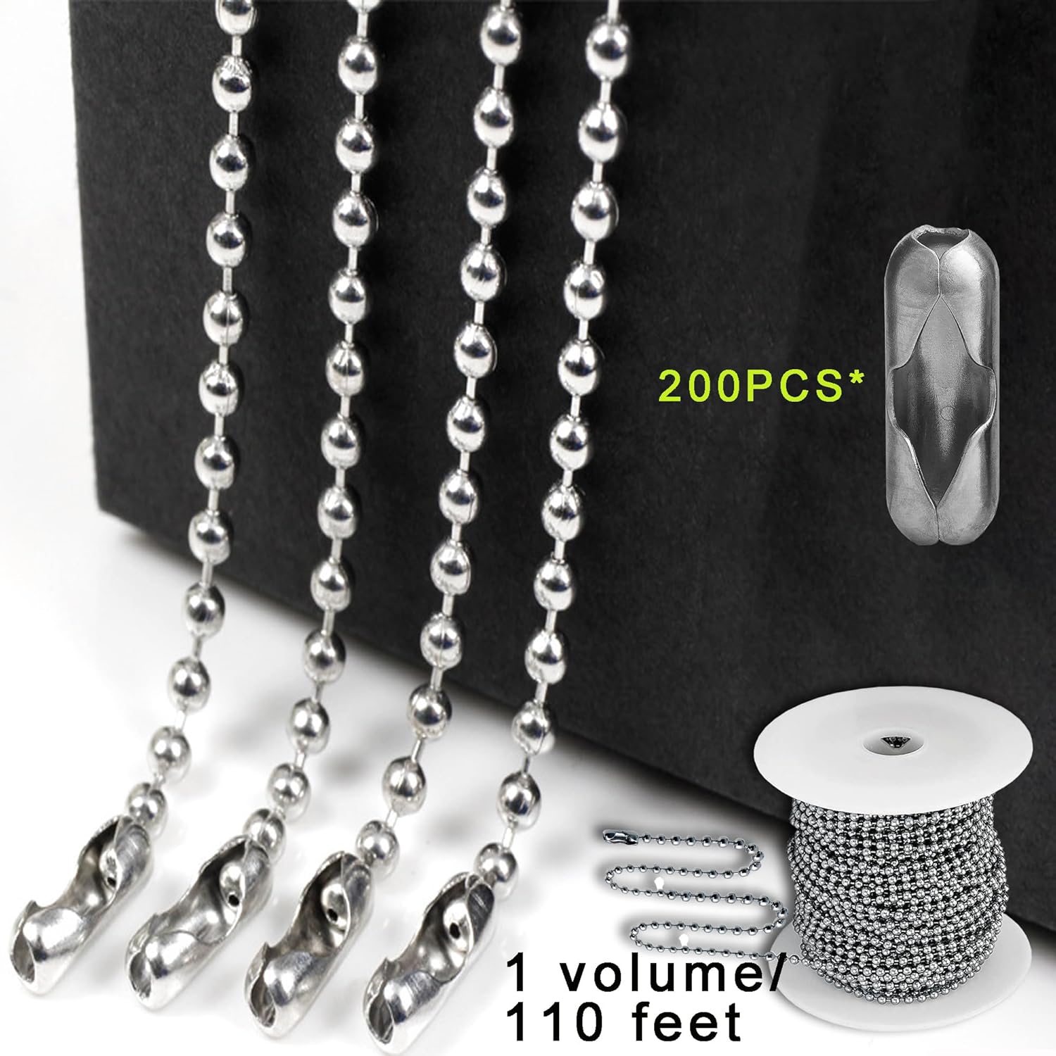 Cadena de cuentas de bola de 0.079 pulgadas, cadenas extralargas de acero inoxidable de 110 pies, cadena de placa de identificación para perro con
