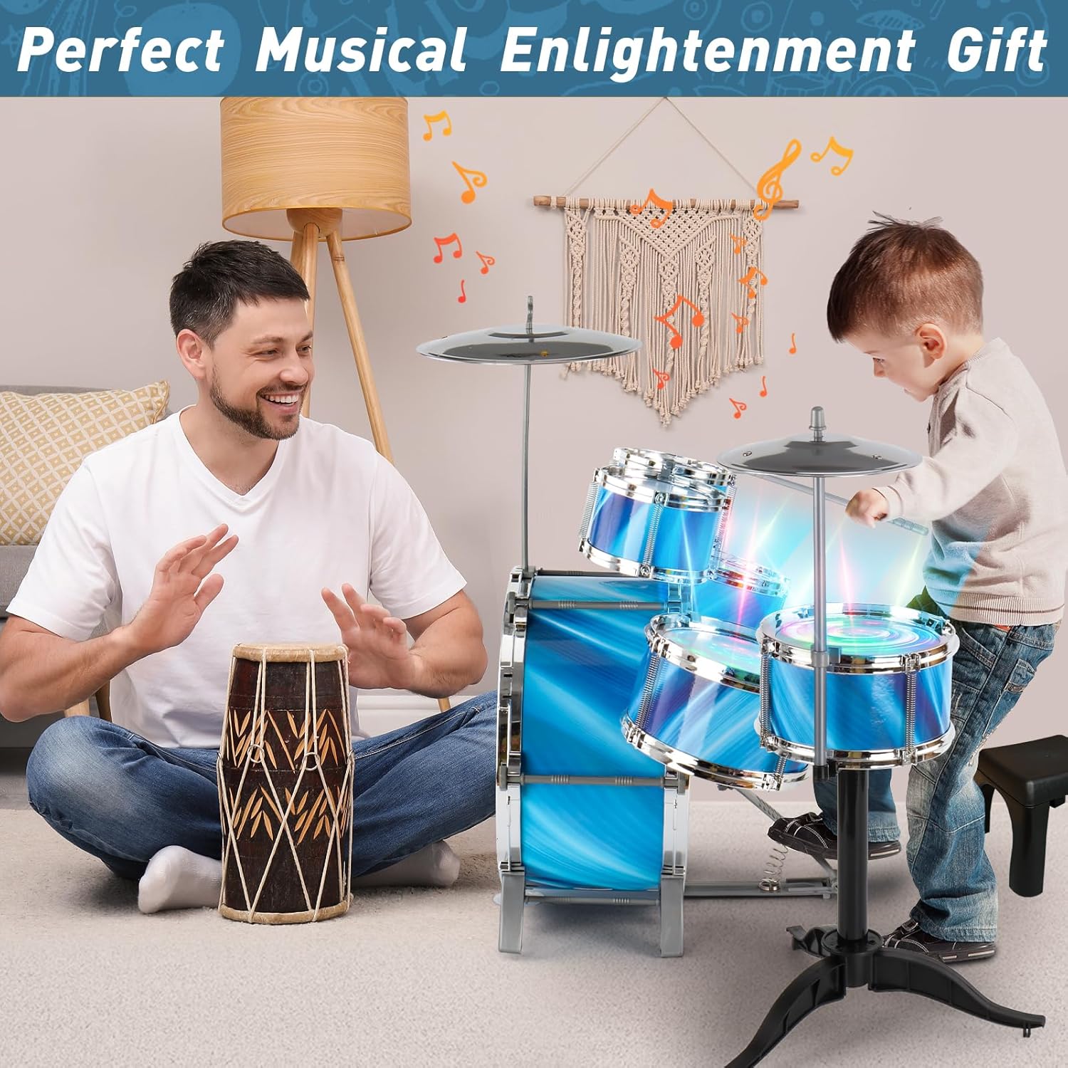 Juego de batería para niños pequeños de 1 a 3 años con silla mejorada, juego de batería para niños de 3 a 5 años, juguetes musicales para niños y