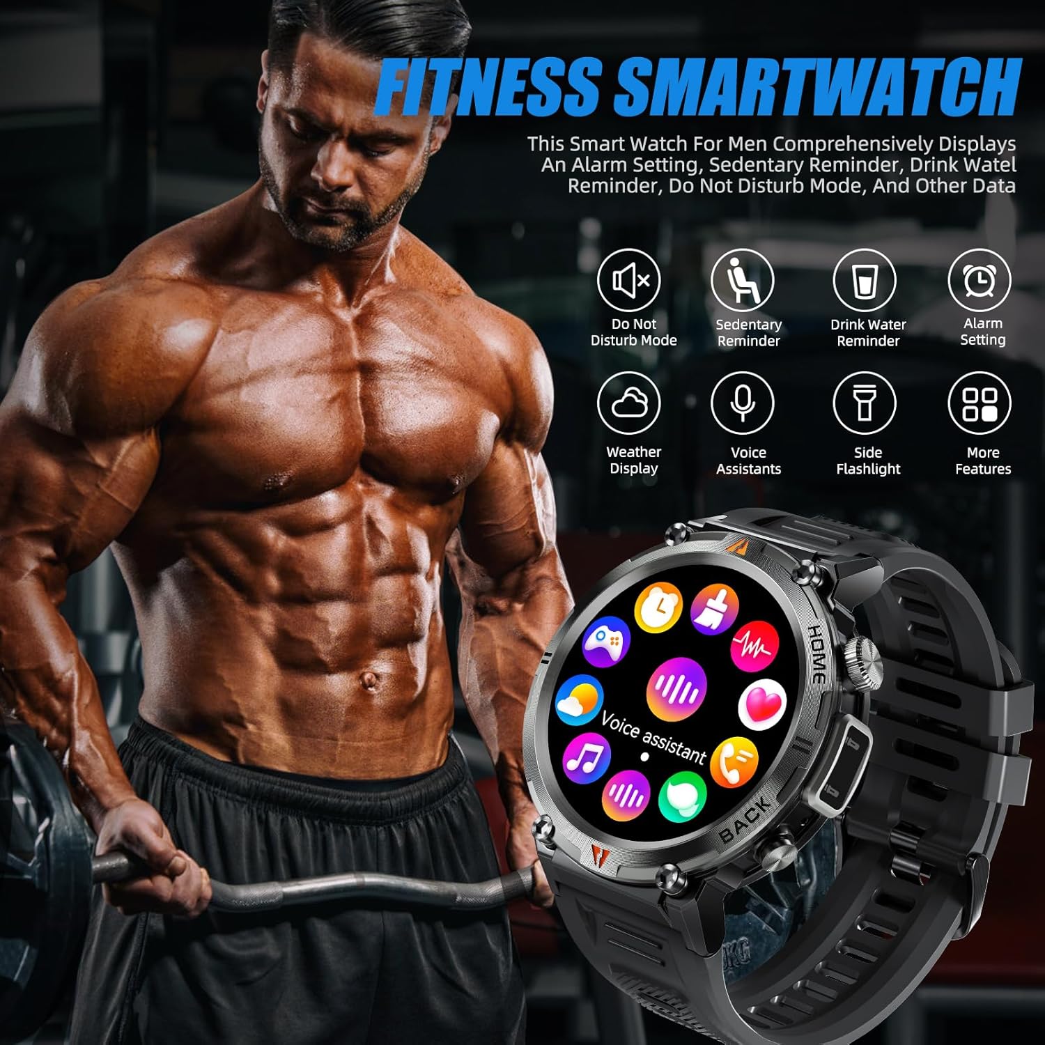 Relojes inteligentes militares para hombres con linterna LED, reloj inteligente táctico resistente al aire libre con pantalla táctil HD de 1.45