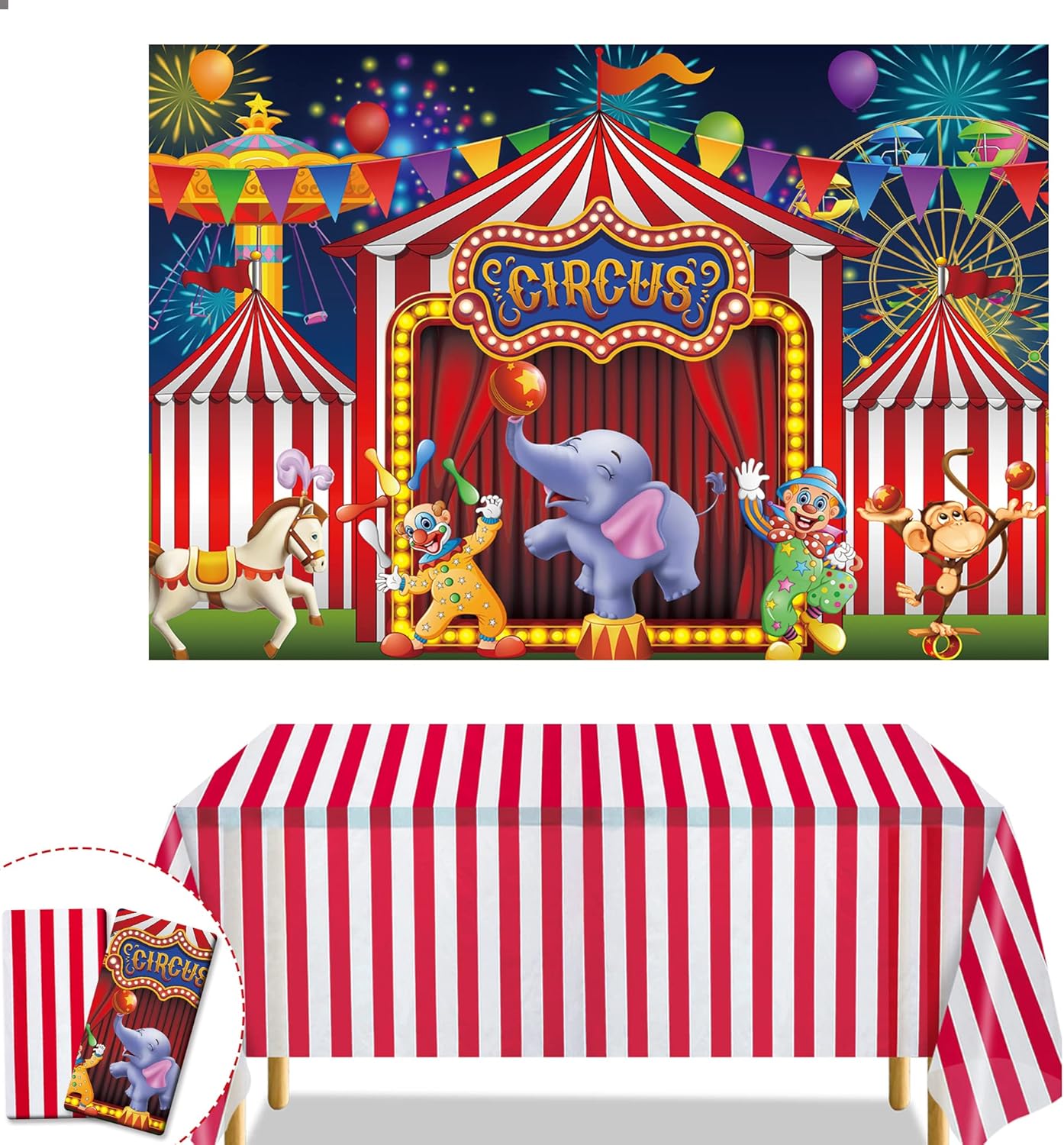 Kit de mantel de telón de fondo de circo rojo a rayas, parque de atracciones, tiendas de campaña, carrusel de carnaval, primer cumpleaños, baby
