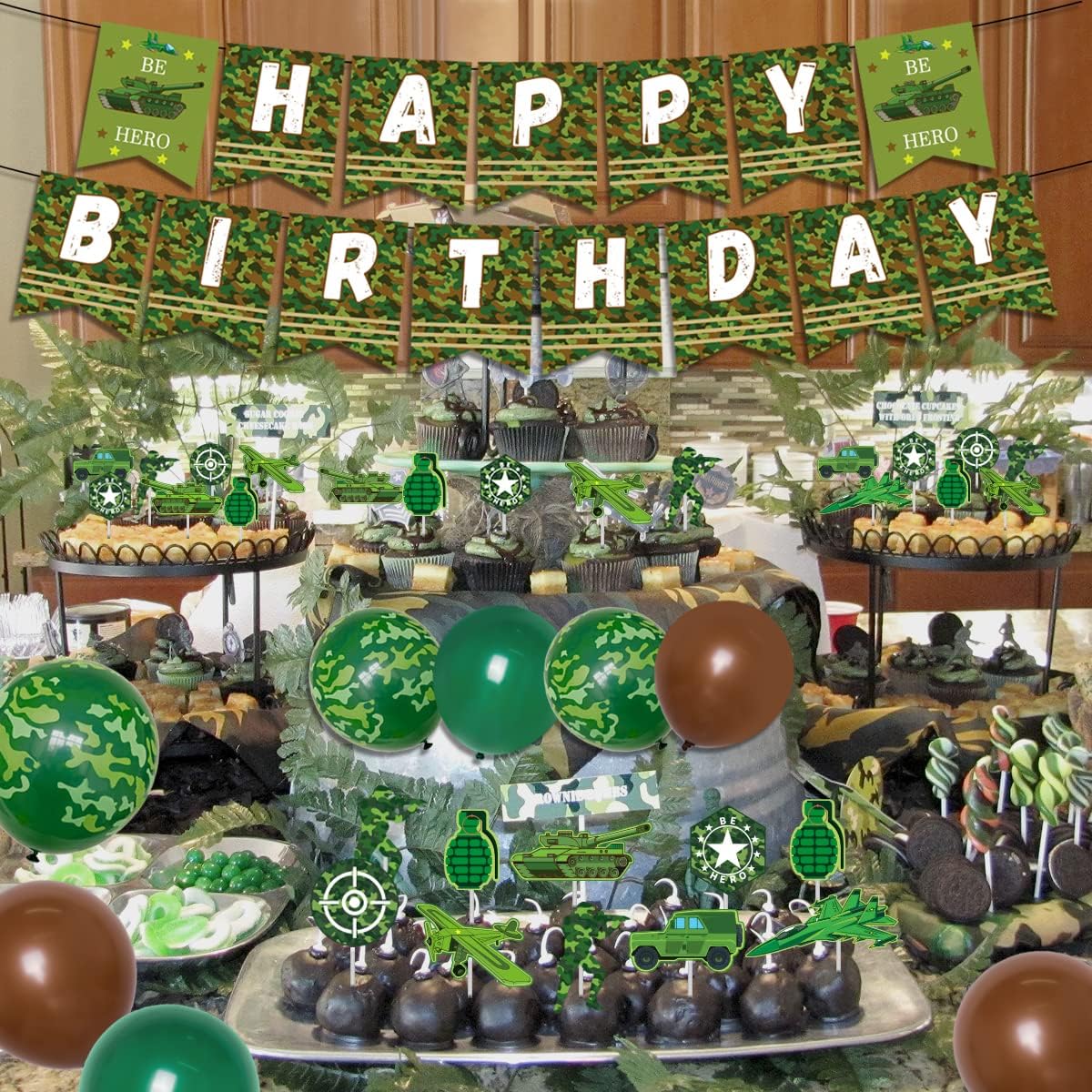 Decoraciones de camuflaje para fiesta de cumpleaños, soldado del ejército, suministros de fiesta militar, globos de camuflaje verde, pancarta de