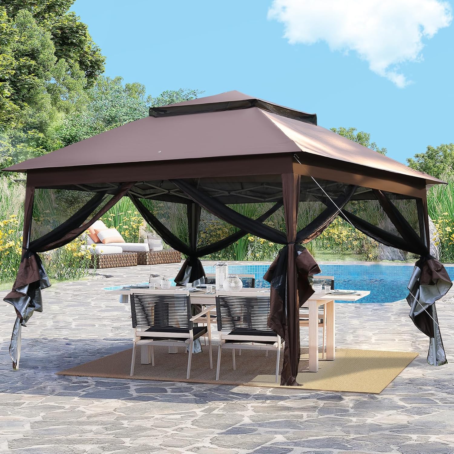 Carpa desplegable de 10 x 10 pies para exteriores, carpa de fiesta resistente con mosquitera para patio, jardín, patio y césped, color marrón