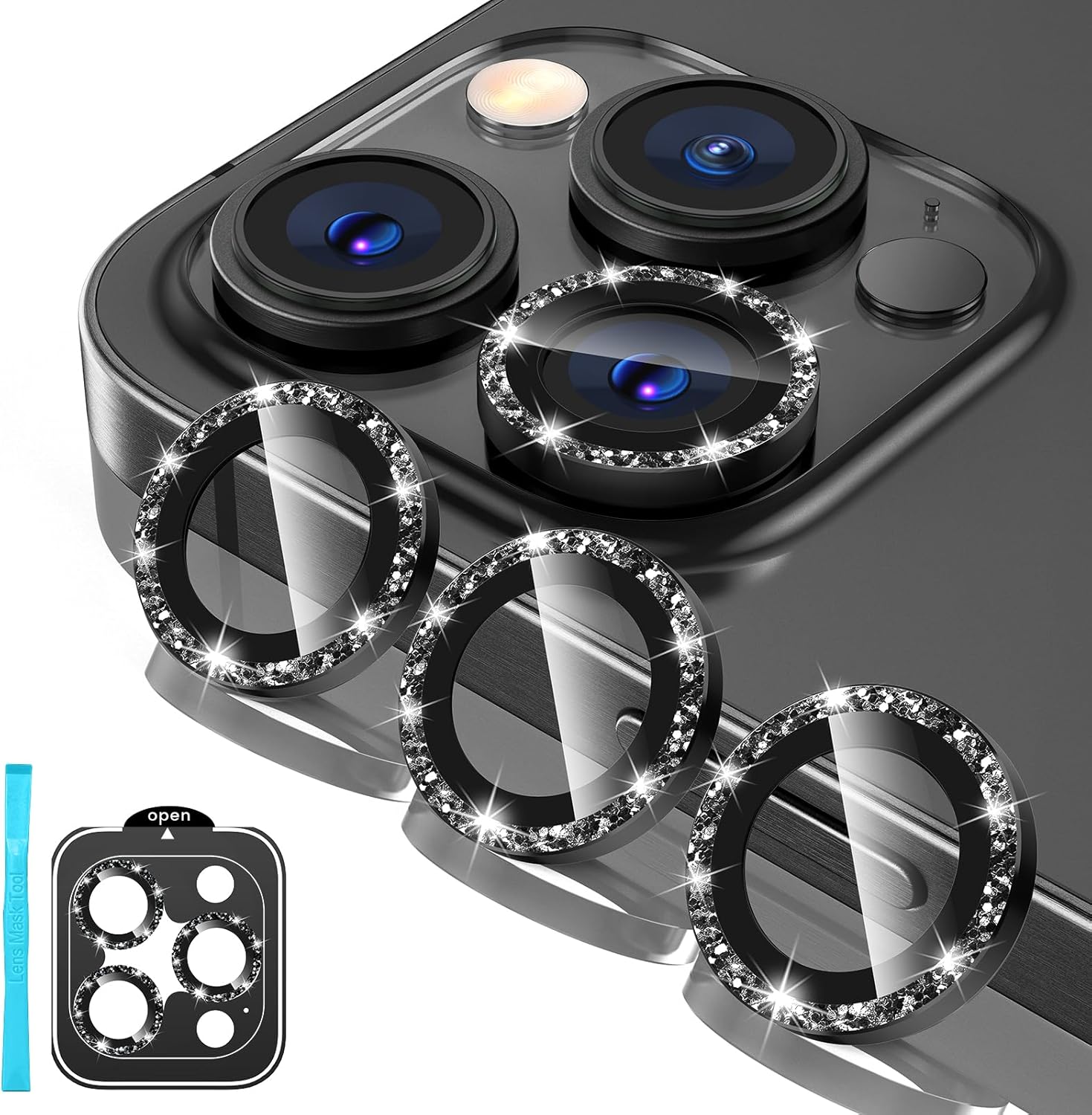 Tensea Protector de lente de cámara para iPhone 15 ProiPhone 15 Pro Max, protector de pantalla de vidrio templado 9H, anillo individual de metal