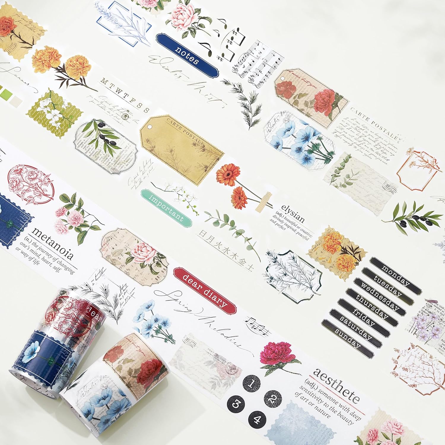 WT Season’s Symphony – Cinta Washi ancha, rollo individual, diseños originales, cinta decorativa floral, cuaderno de recortes de chatarra Bujo
