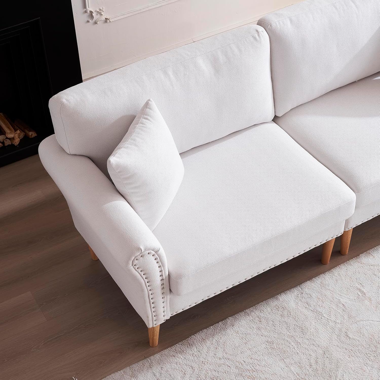 VINGLI Sofá moderno de asiento profundo de 83.5 pulgadas, cómodo sofá biplaza con ribete de clavos y patas de madera maciza, para sala de estar,