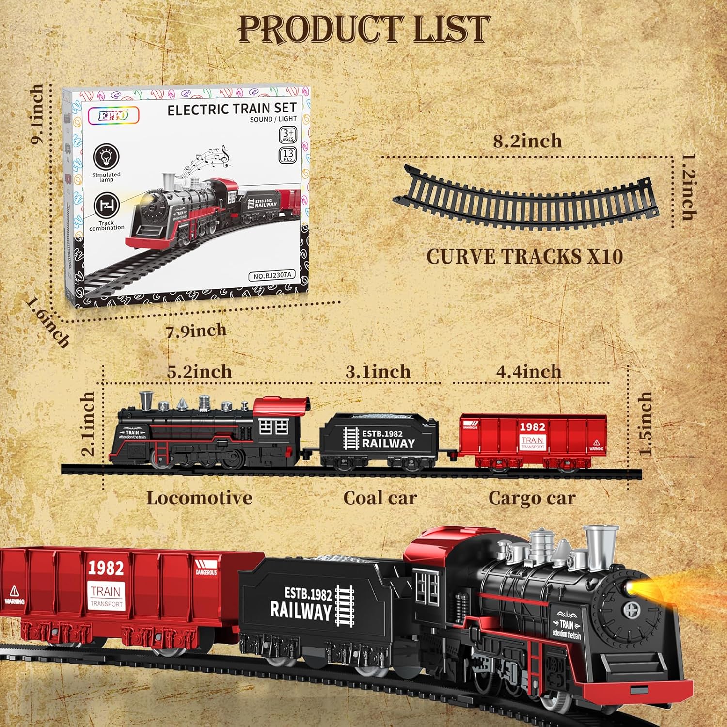 EPPO Mini pistas de tren, 13 piezas de juguetes de tren eléctrico con luces y sonidos, tren de juguete retro clásico locomotora de vapor, juguetes