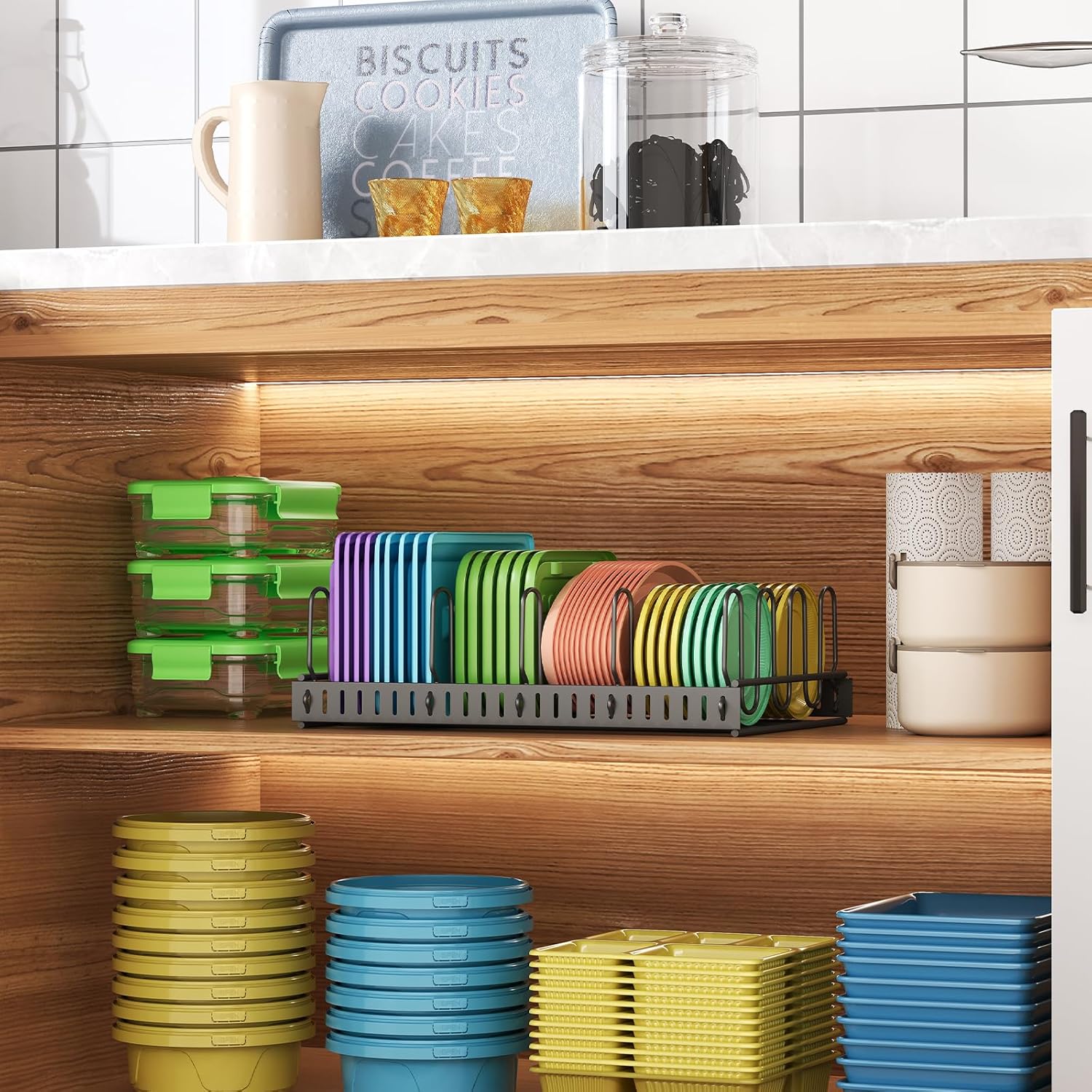 X-cosrack Organizador de tapa de contenedor de alimentos de metal y 6 divisores ajustables para contenedores de almacenamiento, estante de tapa para