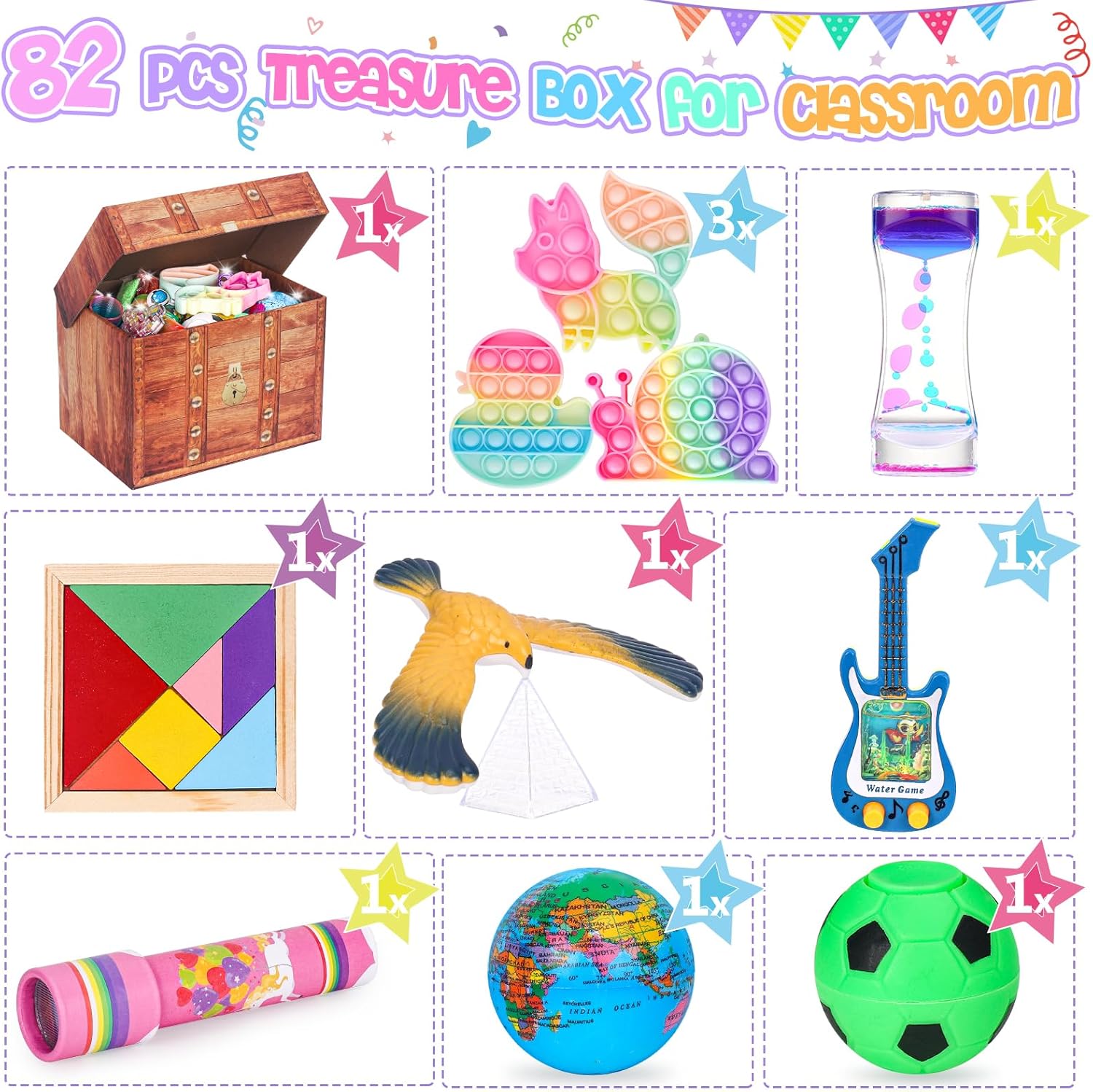 Paquete de 82 recuerdos de fiesta para niños, juguetes de caja del tesoro para premios en el aula, paquete de juguetes para ansiedad, premios de