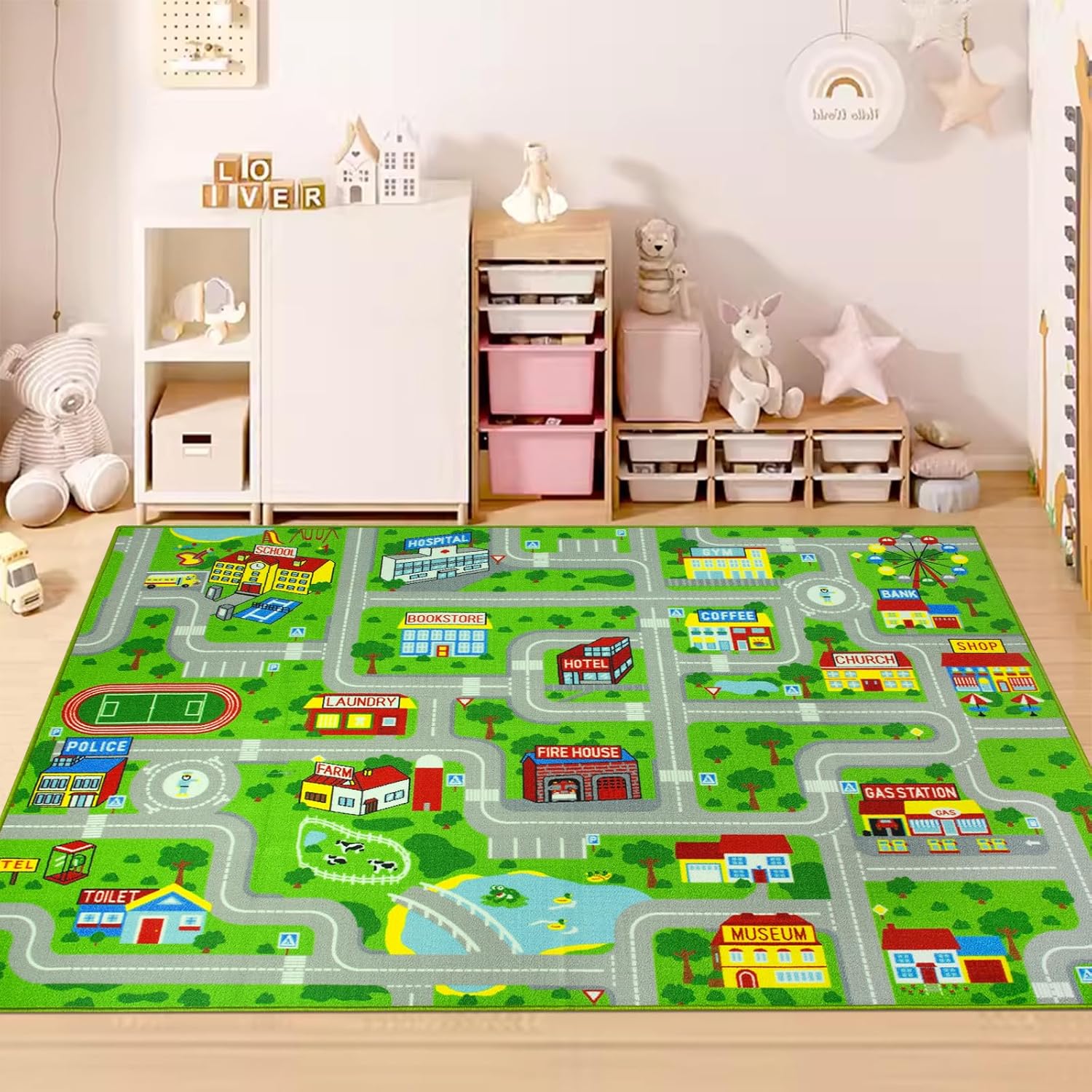Capslpad Green Car Road Kid Rug Carpet Playmat for Playoom Traffic Road Kids Play Mat for Toddler Non Slip Washable City Map Race Track Carpet Rug