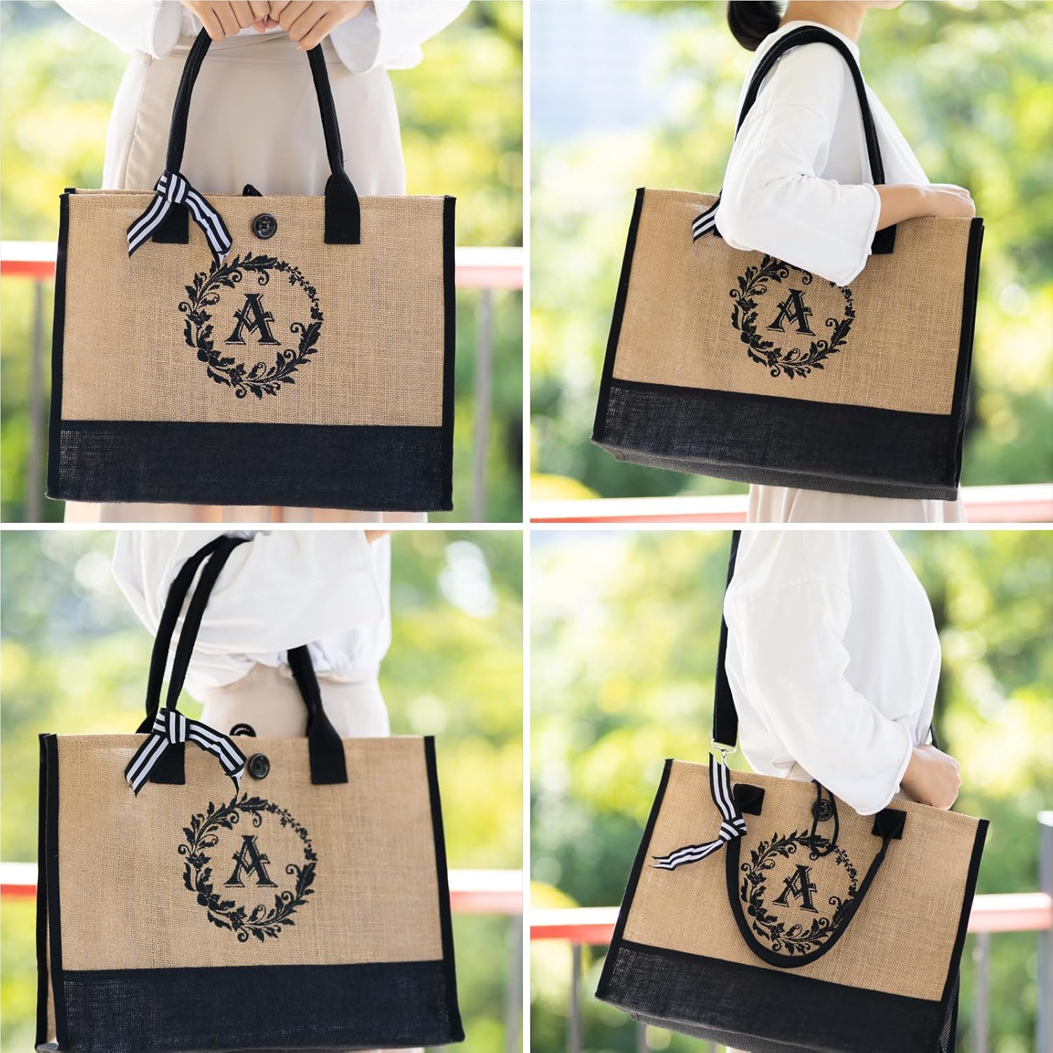 Regalos de cumpleaños para mujer  Bolsas de mano con inicial de yute y maquillaje con correa ajustable, bolsas de mano con monograma bordado