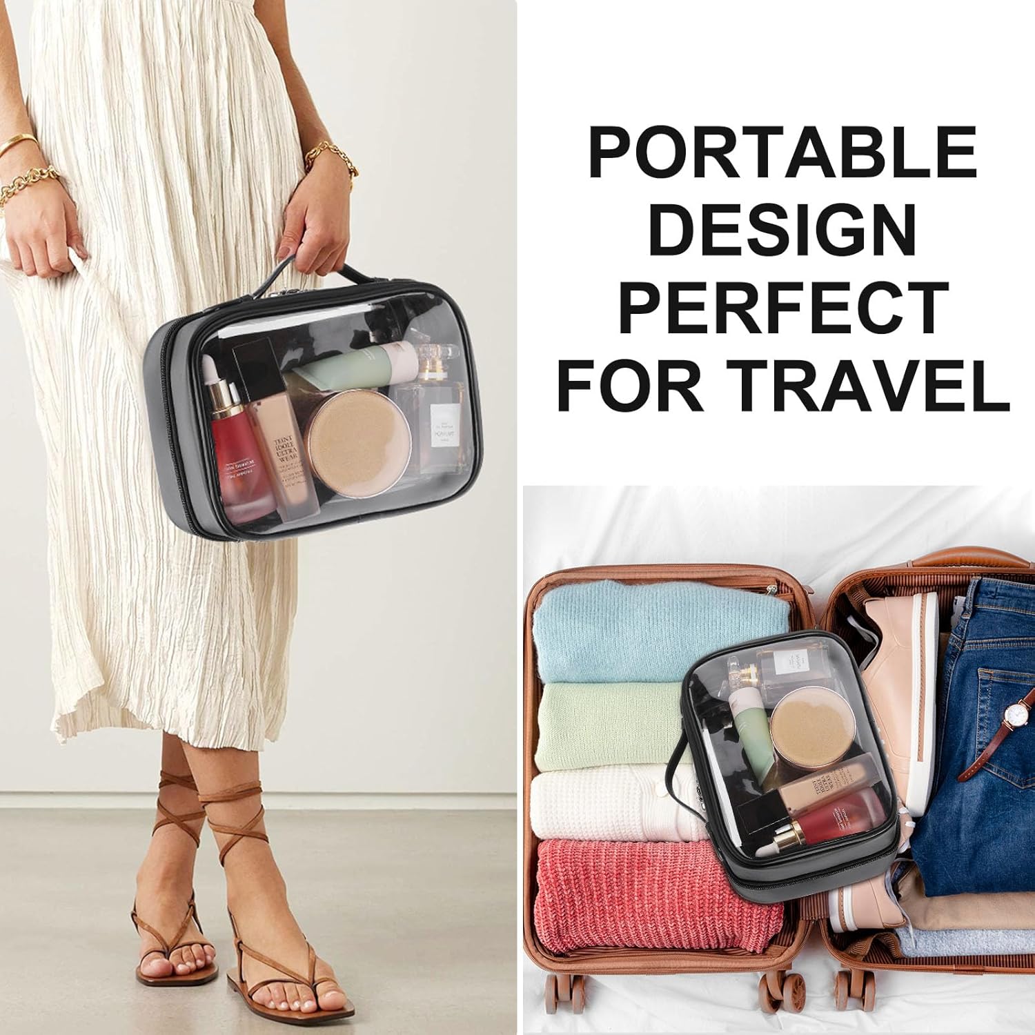 Cessfle Bolsa de maquillaje de viaje transparente de doble cara, bolsa de cosméticos de viaje impermeable, transparente, bolsa organizadora de