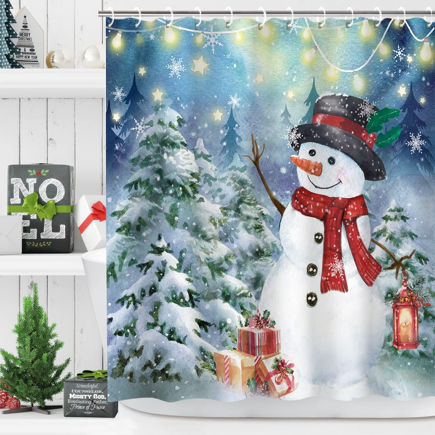 LIVILAN Cortina de ducha de Navidad, juego de cortinas de ducha de muñeco de nieve con 12 ganchos, cortinas de ducha de nieve navideñas para baño,